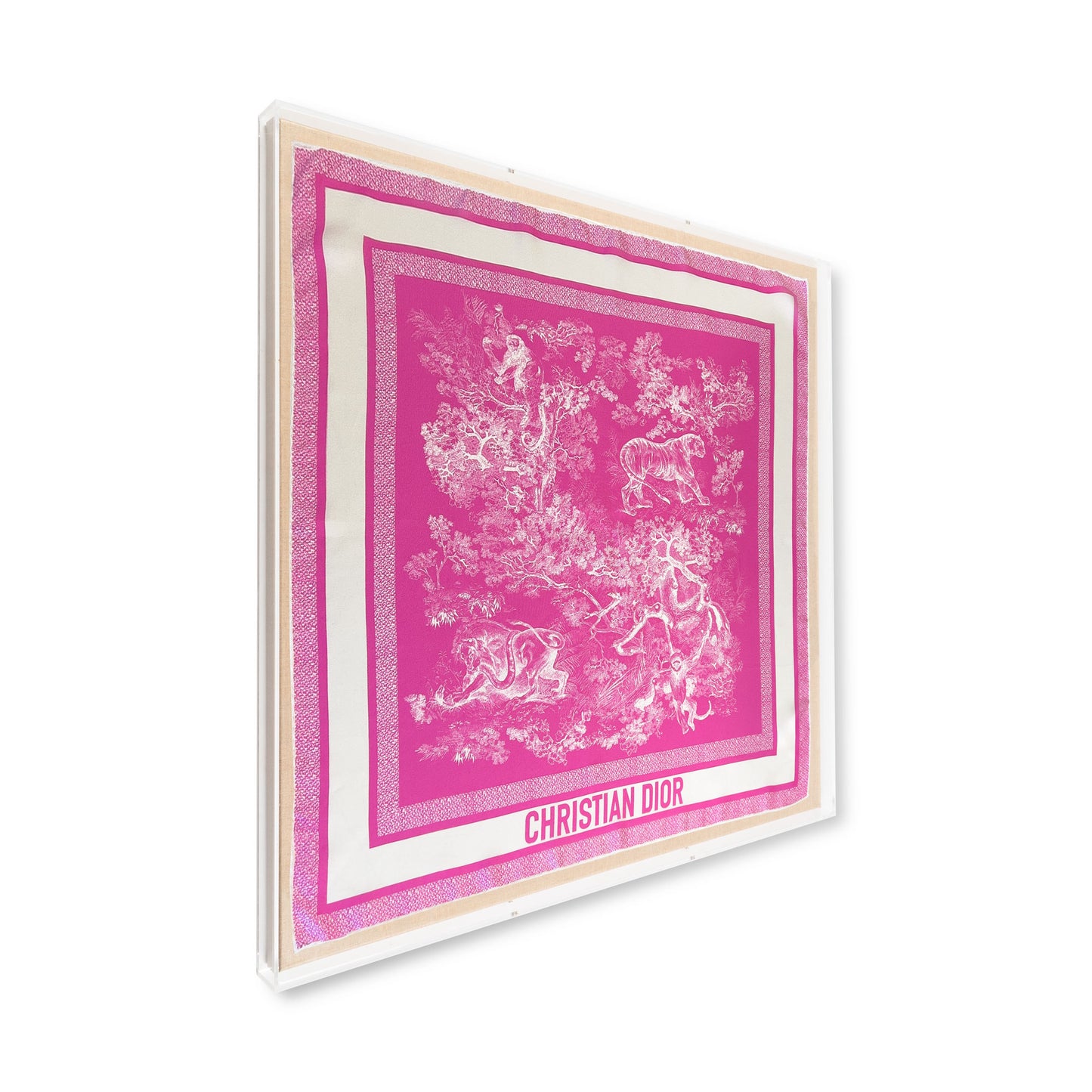 Framed Christian Dior Pink Toile Scarf in a 30x30x2" Shadowbox