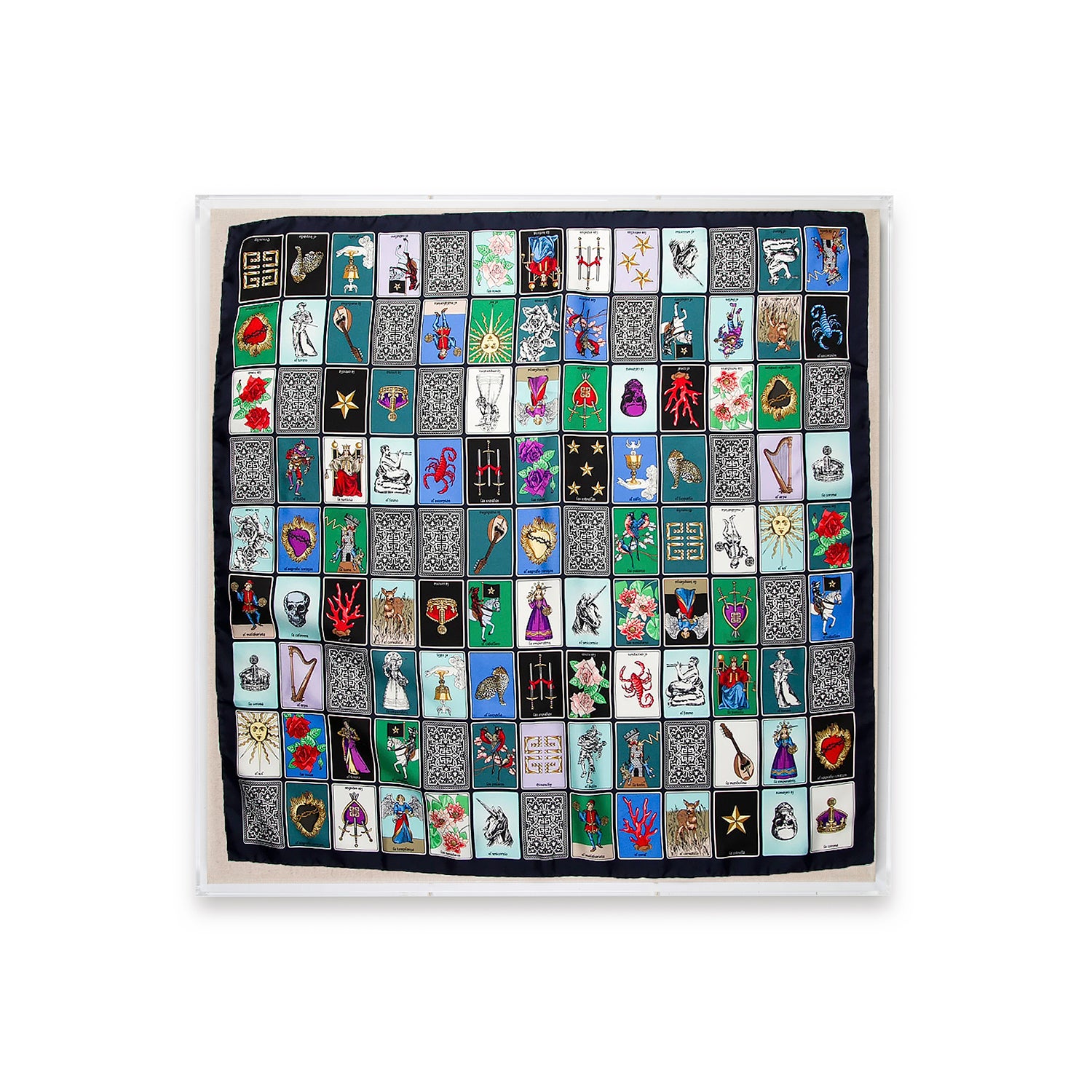 Framed Givenchy Tarot Card Silk Scarf in a 36x36x2" Shadowbox