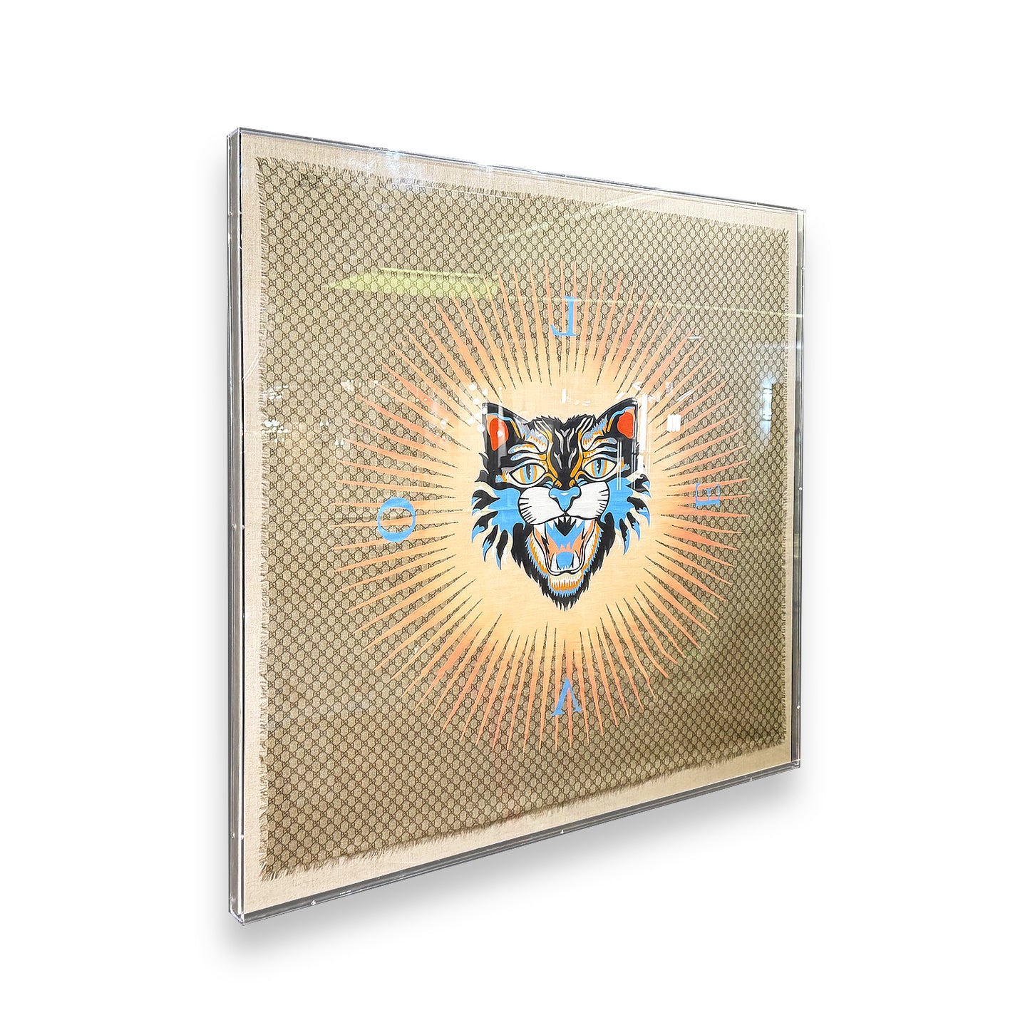 Framed Gucci Angry Cat LOVE XL GG Supreme Silk Scarf 58x58x2 Shadowbox