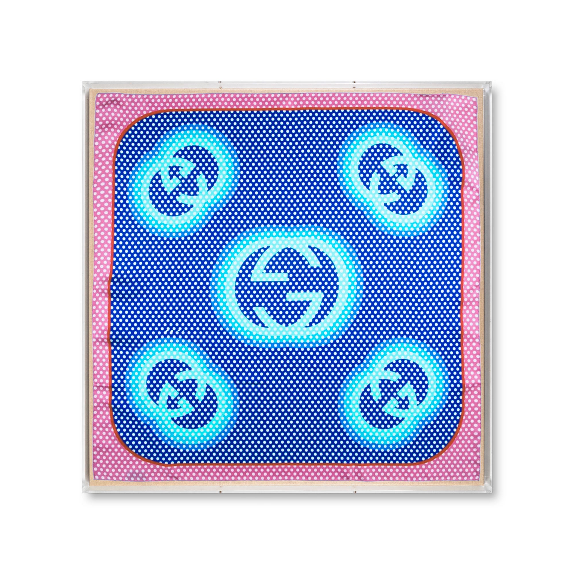 Framed Gucci Pop Logo Teal & Purple Scarf in a 36x36x2 Shadowbox