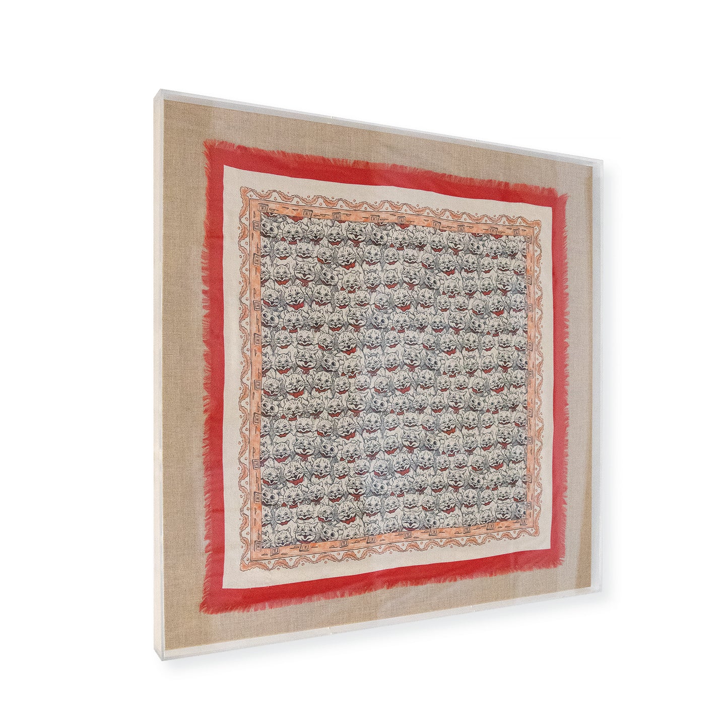 Framed Gucci Silk Mystic Cats Red & White Scarf in a 36x36x2 Shadowbox