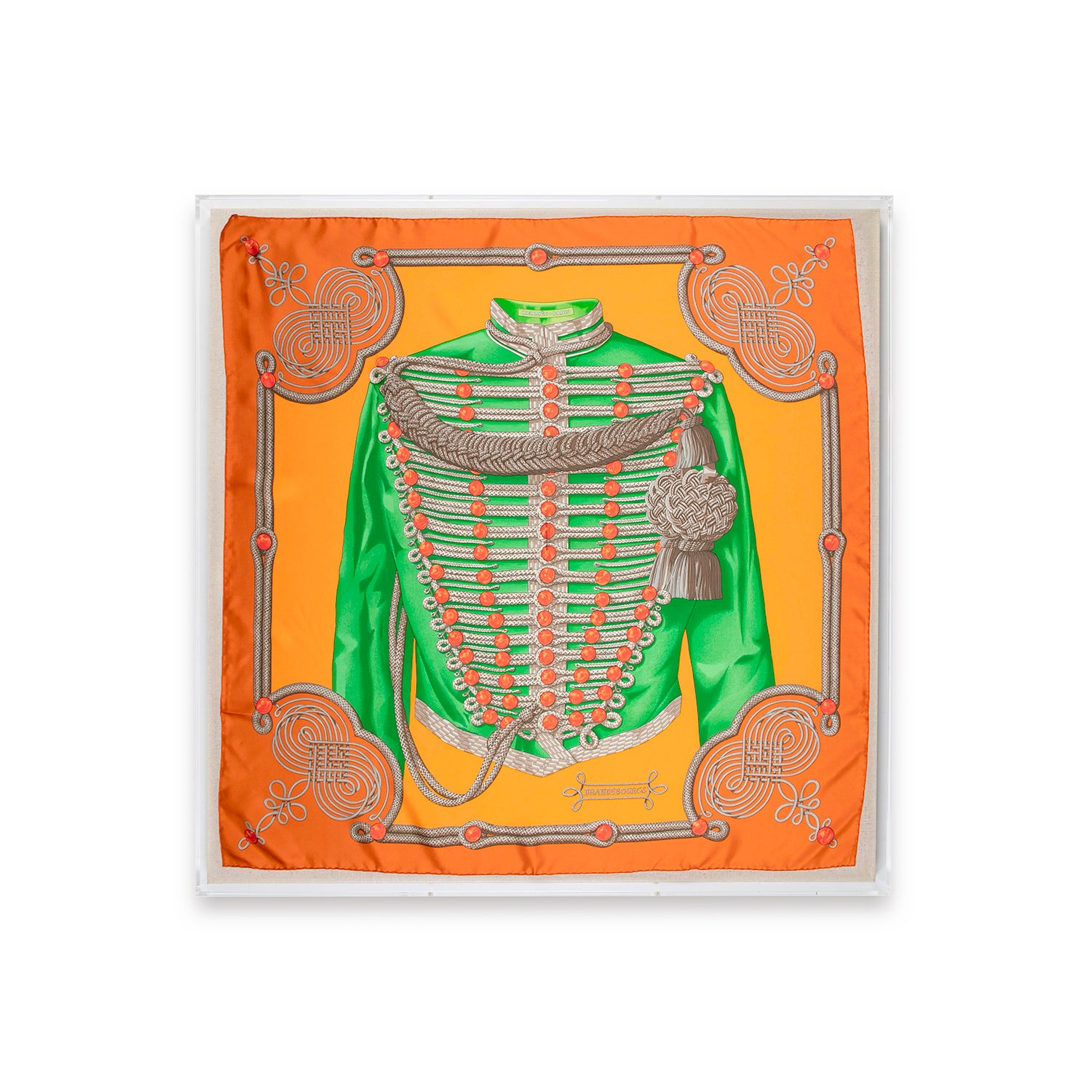 Framed Hermès Brandebourgs Green & Orange Silk Scarf in a 36x36x2" Shadowbox