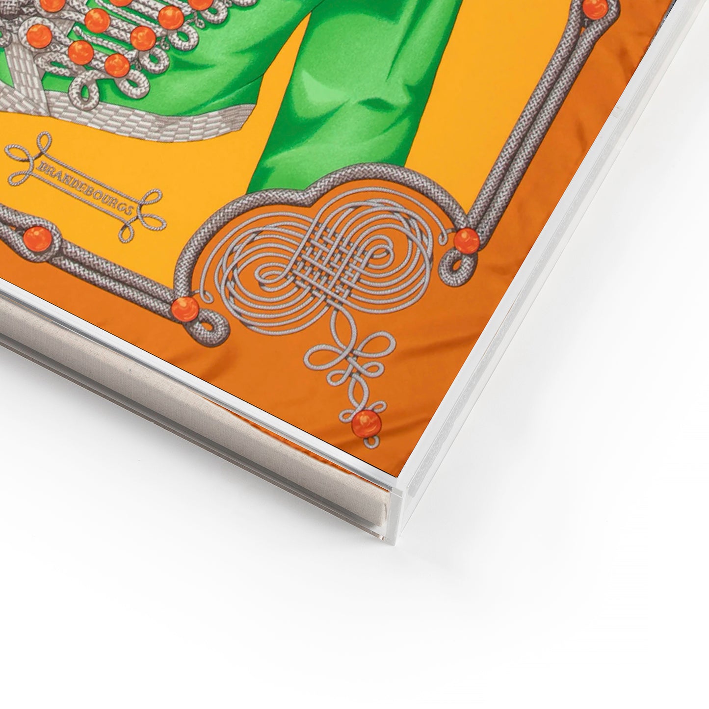 Framed Hermès Brandebourgs Green & Orange Silk Scarf in a 36x36x2" Shadowbox