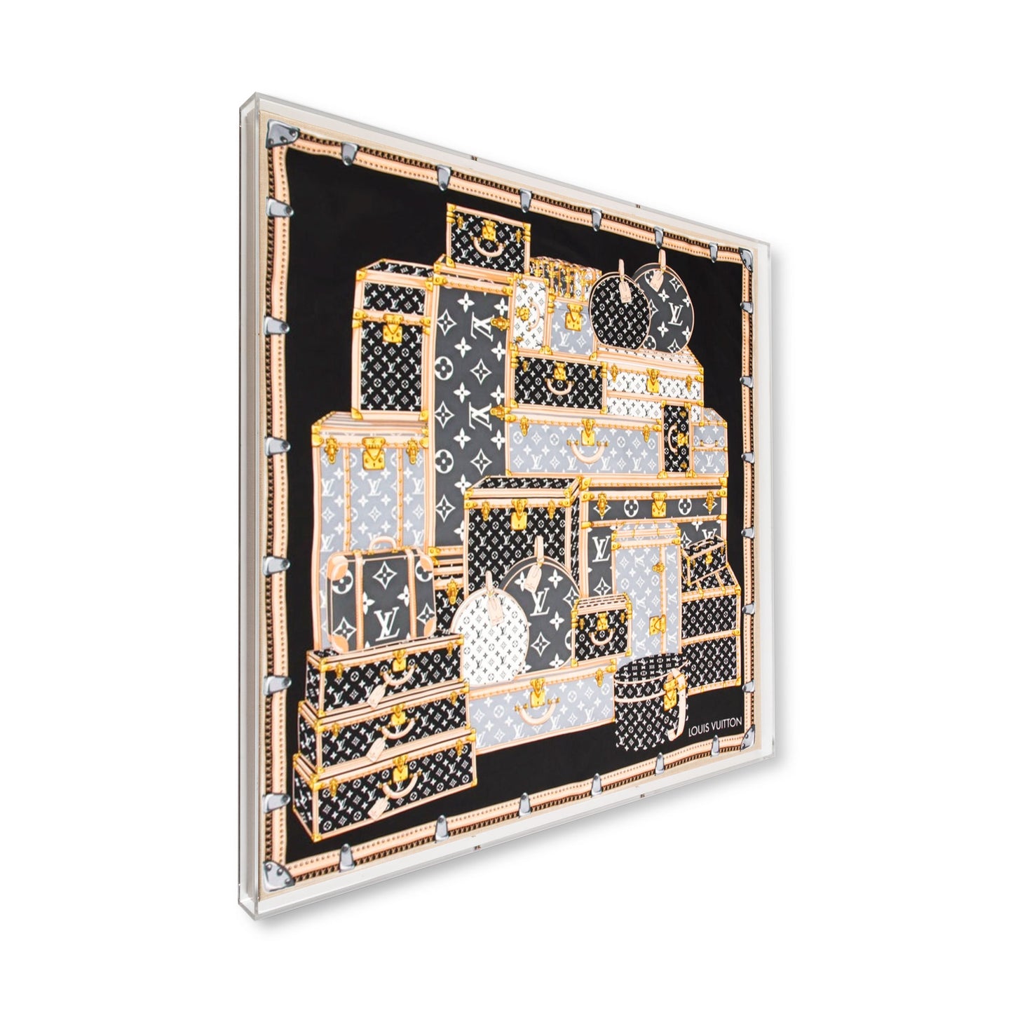 Framed Louis Vuitton Trunks Scarf in a 36x36x2" Shadowbox