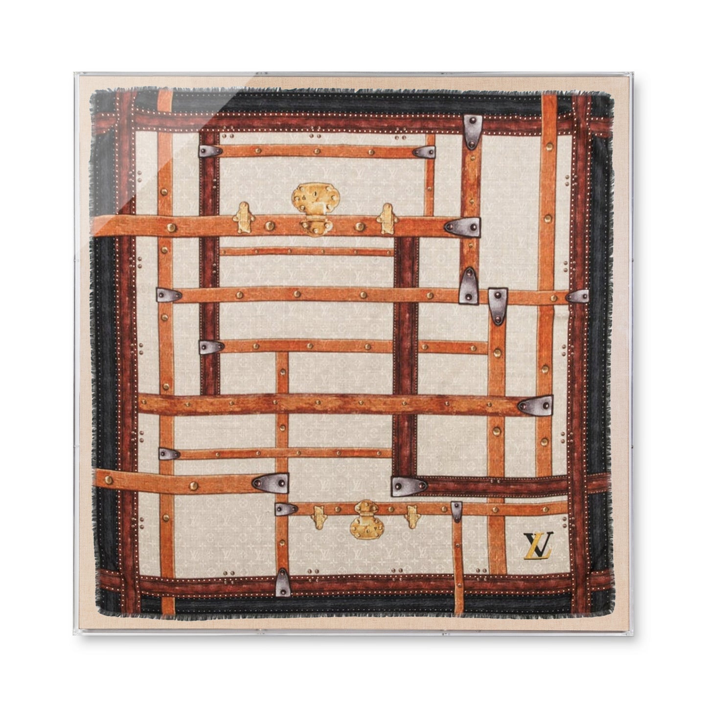 Framed Louis Vuitton XL Trunks Scarf in 58x58x2 Shadowbox