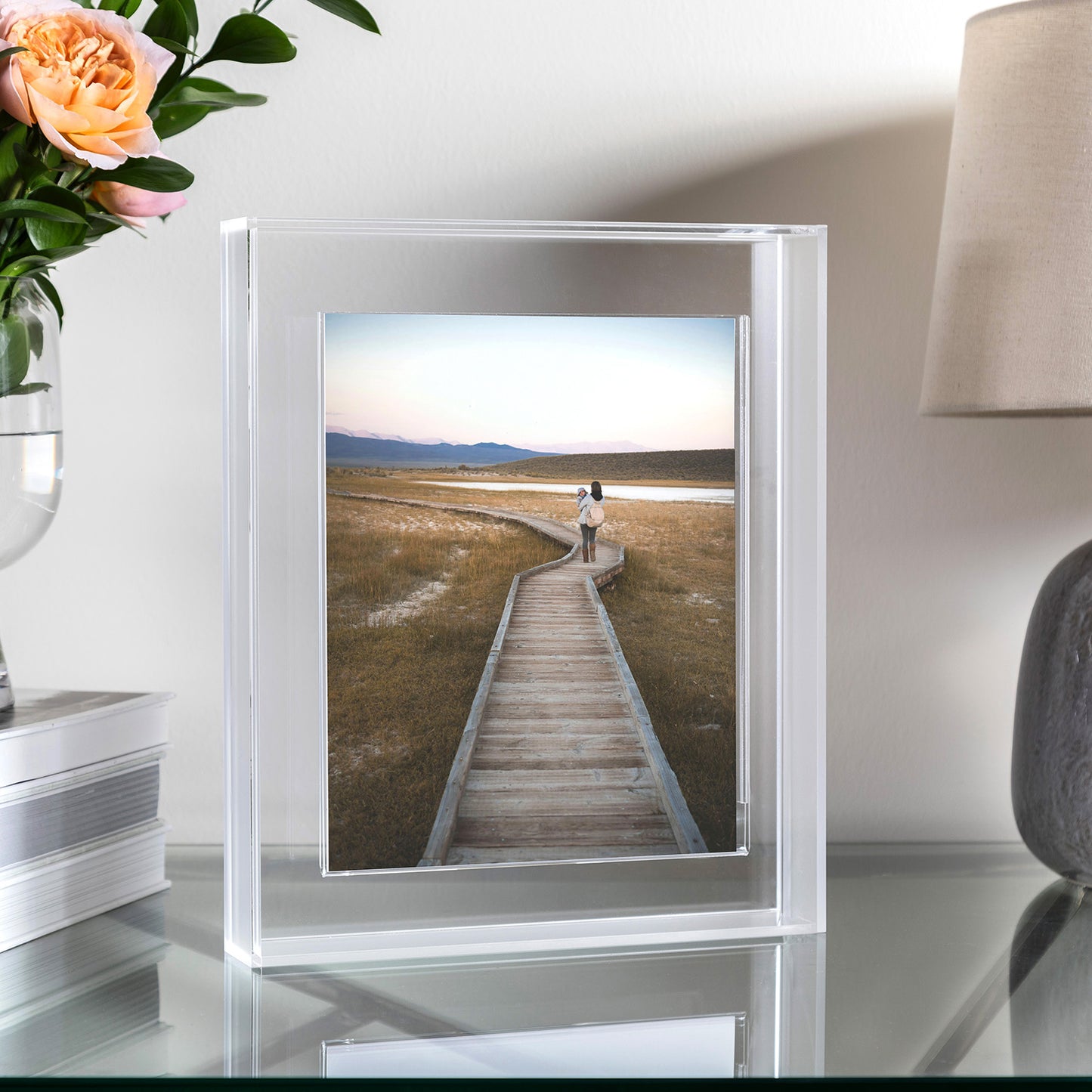 Clear Frost Float Frame for Tabletop or Wall with Magnetic Photo Holder