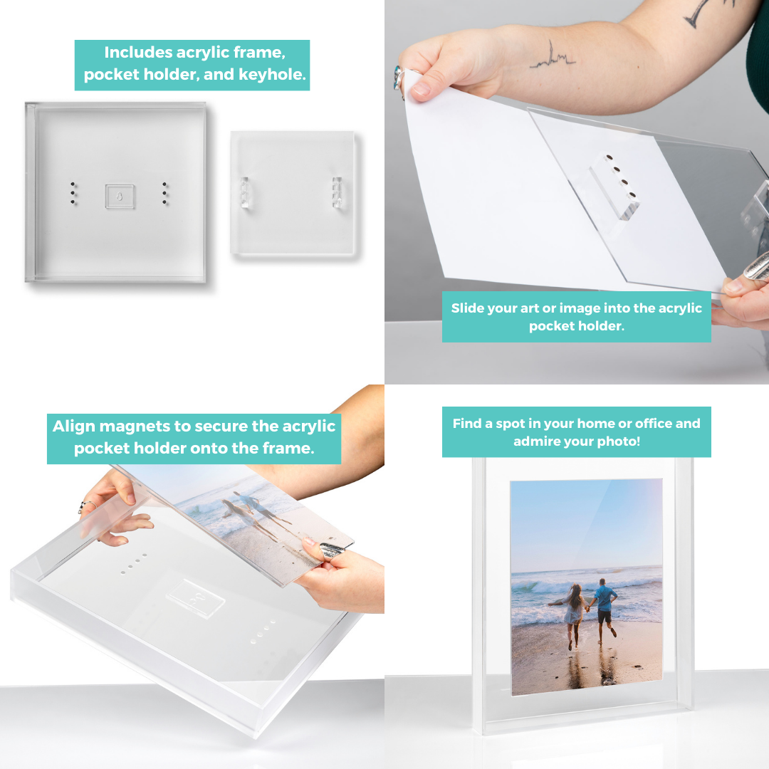 Clear Frost Float Frame for Tabletop or Wall with Magnetic Photo Holder
