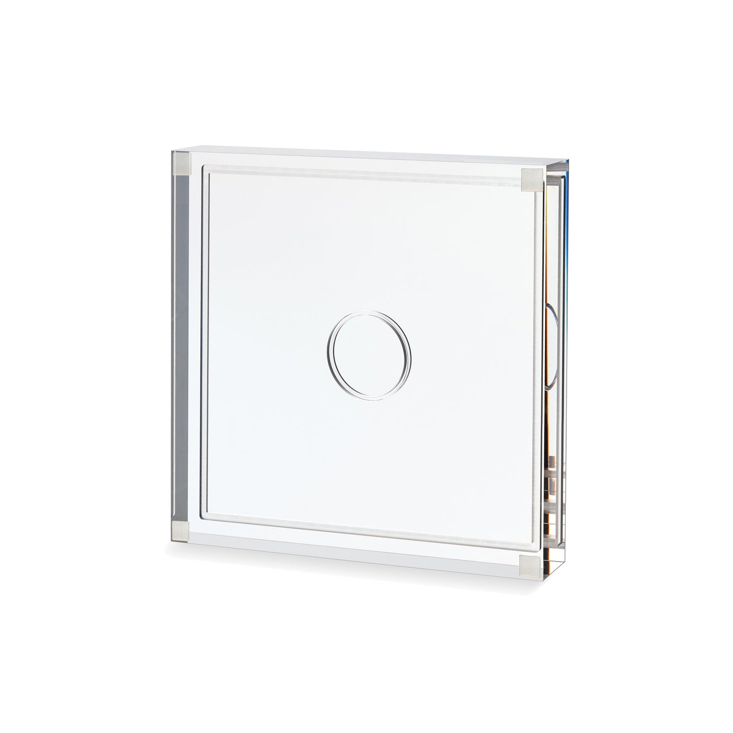 Close-up of the machined recessed seating collar in the clear acrylic base of the basketball display case