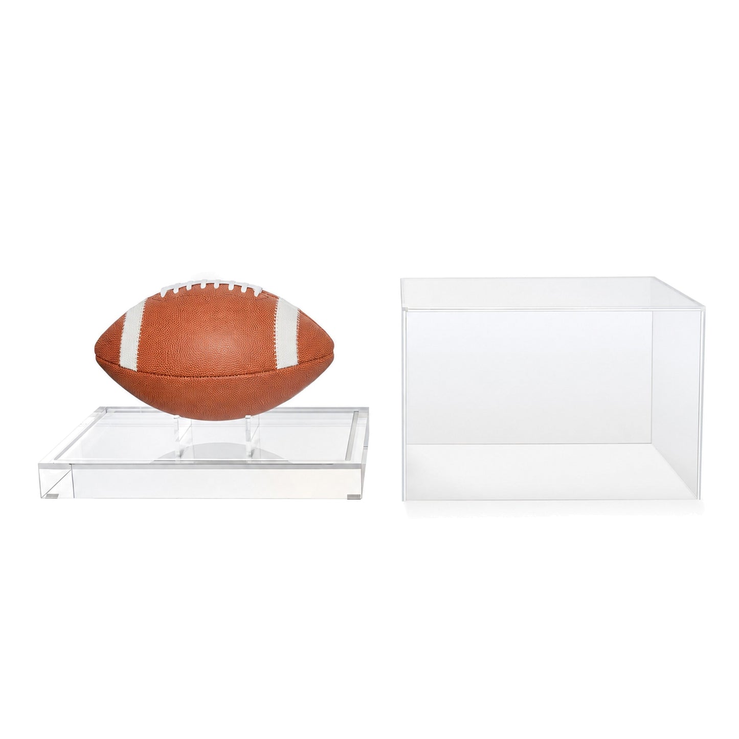 Football display case with the clear acrylic cover lifted off, showing tool-free access to the football on its acrylic cradle risers