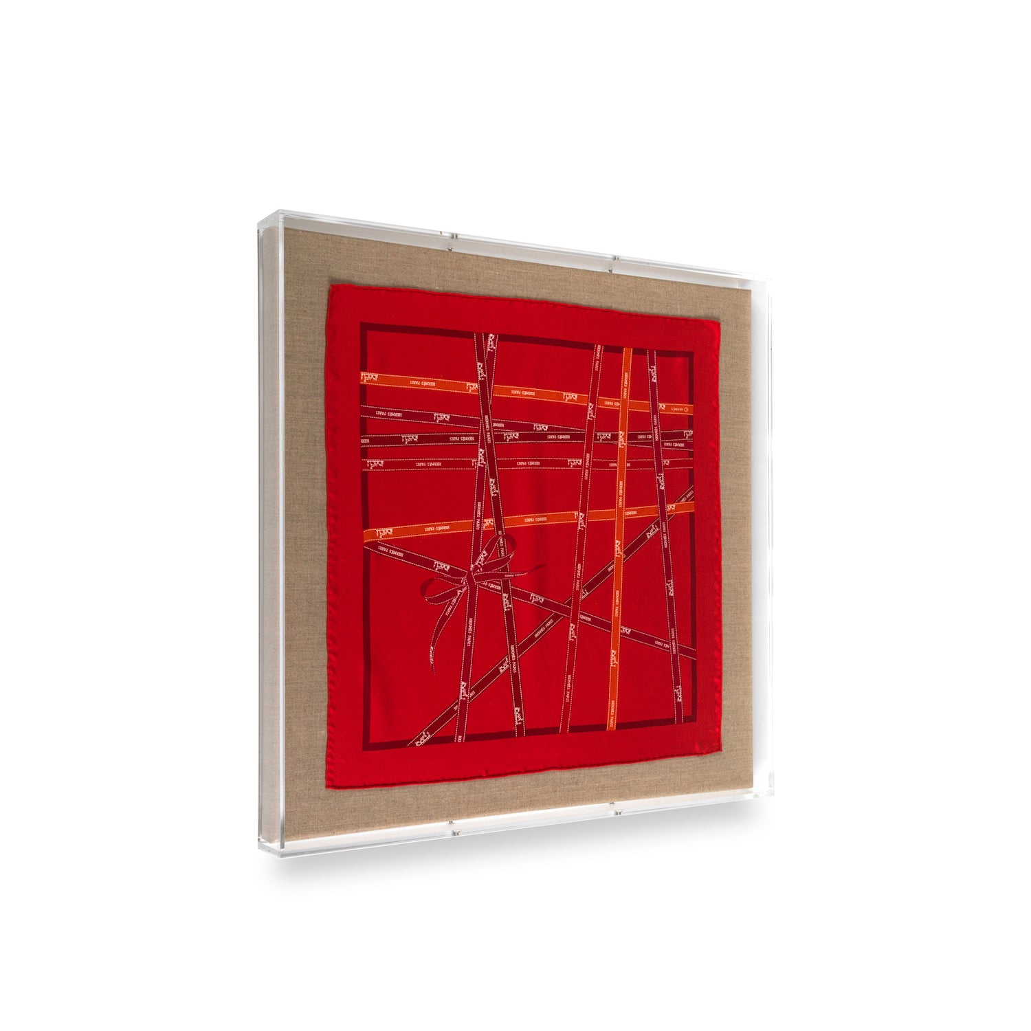 Framed Hermès Bolduc Silk Pocket Square Red