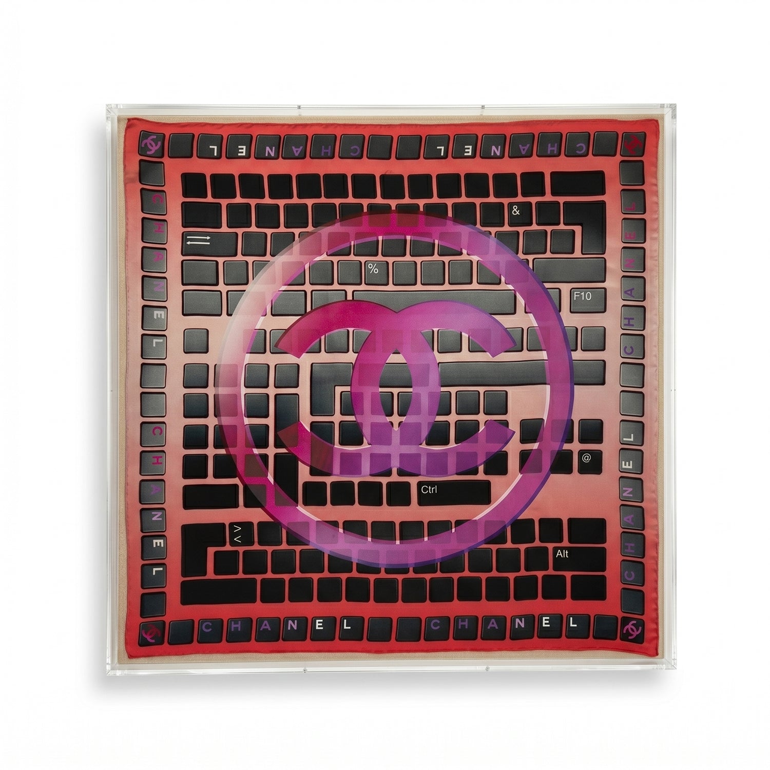 Framed Chanel Interlocking C Logo Keyboard Silk Scarf in 58x58x2" Shadowbox