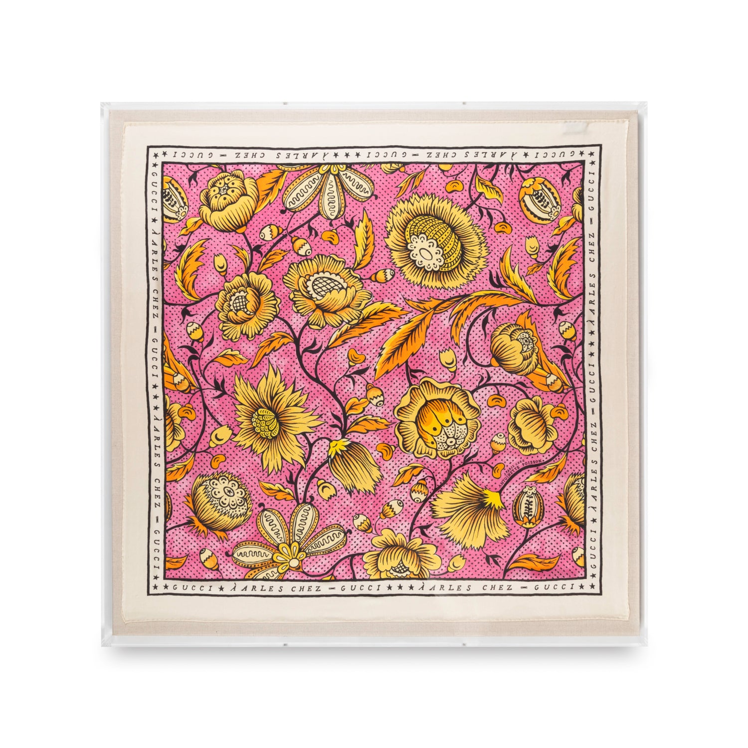 Framed Gucci Pink and Yellow Floral Scarf in a 36x36x2 Shadowbox
