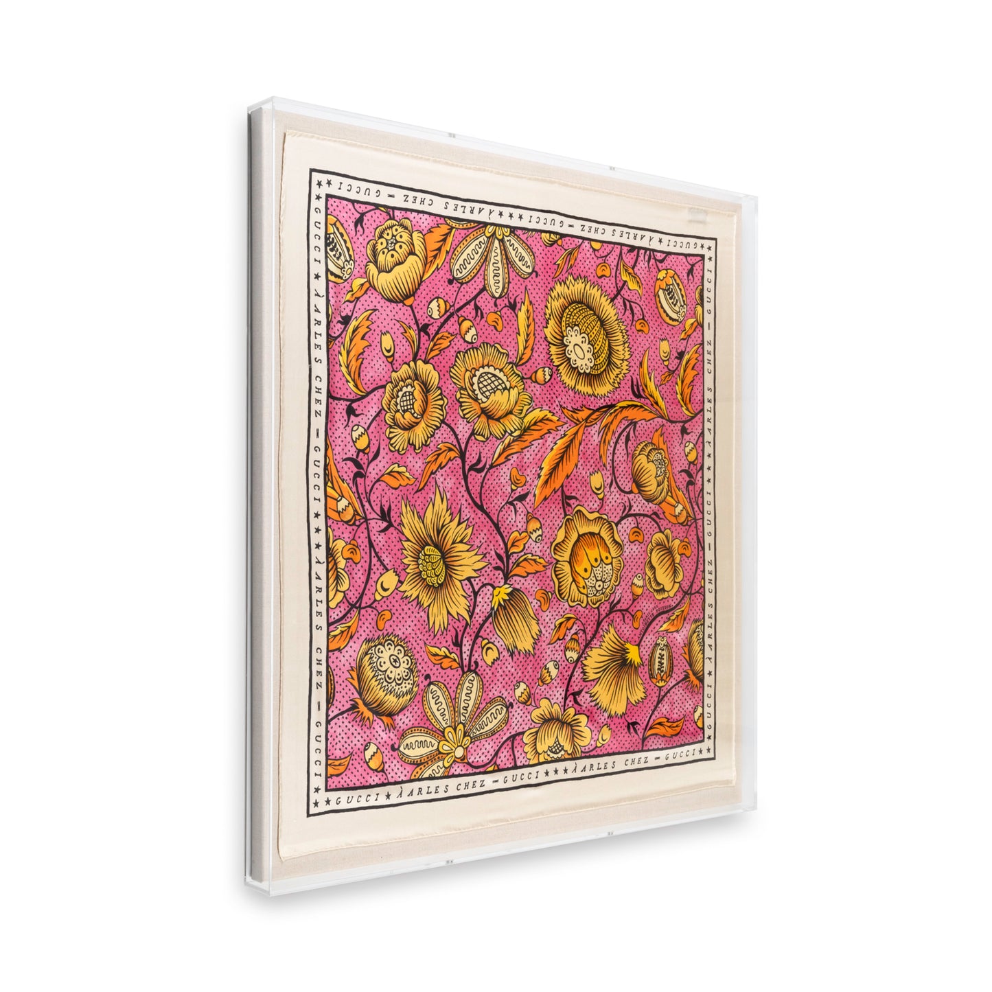 Framed Gucci Pink and Yellow Floral Scarf in a 36x36x2 Shadowbox