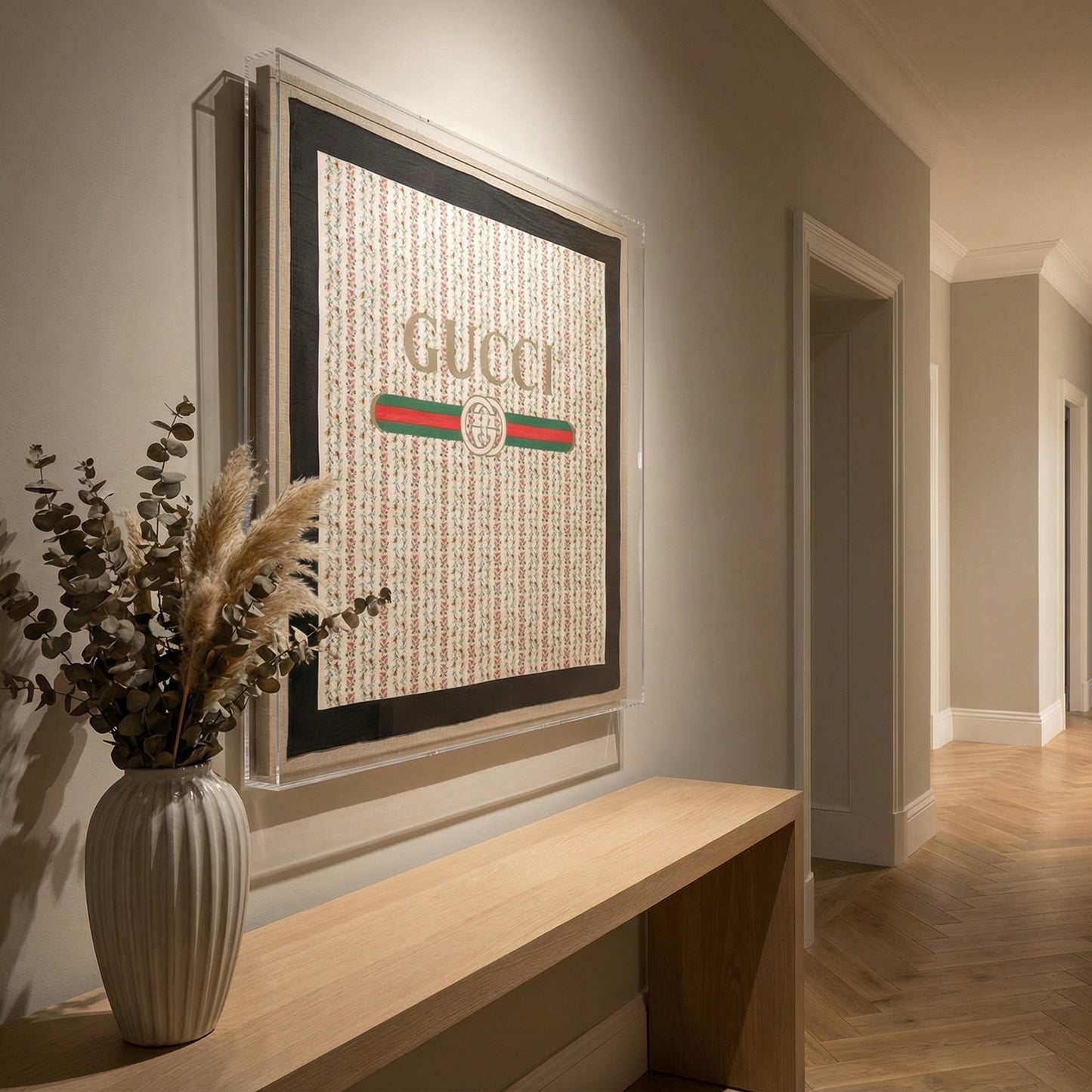 Framed Gucci Logo on Floral Scarf in a 36x36x2 Shadowbox