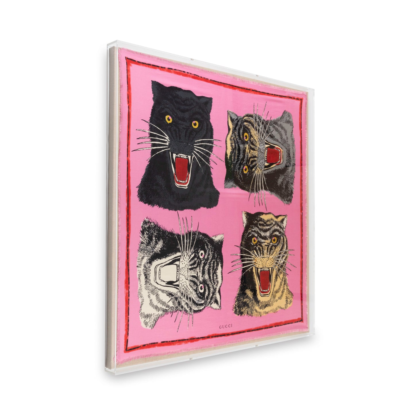 Framed Gucci Fierce Tigers on Pink Scarf in a 36x36x2 Shadowbox