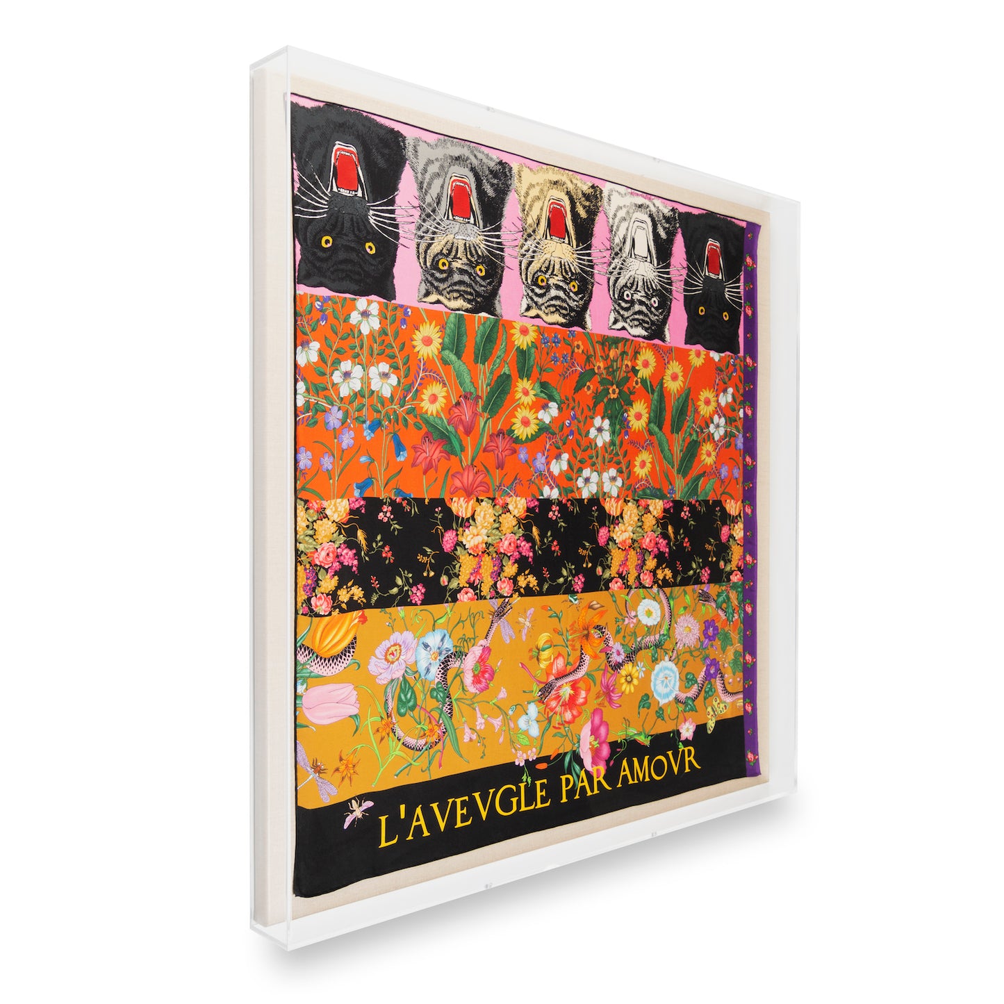 Framed Gucci L'Avengele Black Cats with Floral Scarf in a 36x36x2 Shadowbox