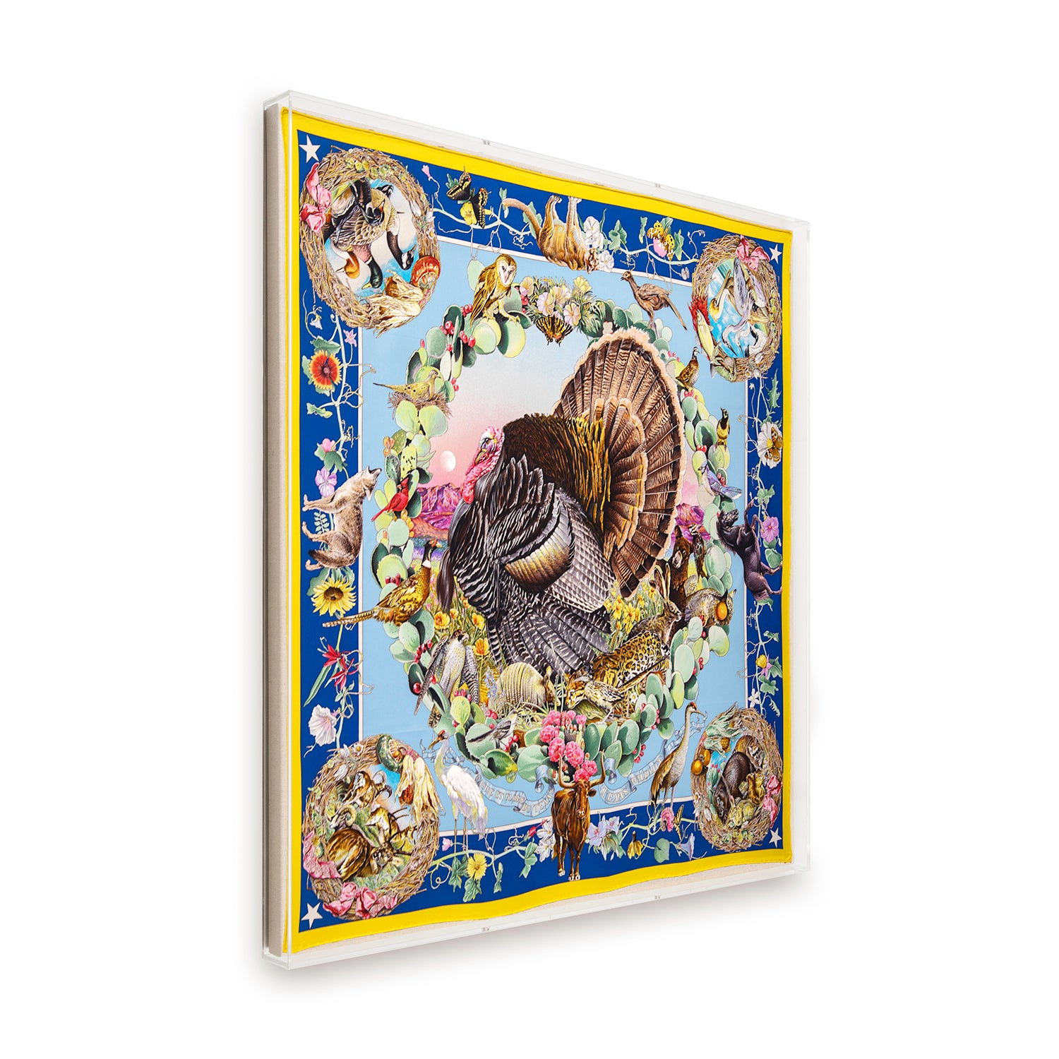 Framed Hermès Faune Et Flore du Texas Wildlife Silk Scarf by Kermit Oliver in a 36x36x2" Shadowbox