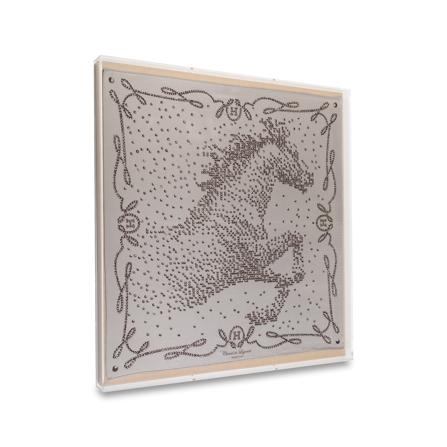 Framed Hermès Cheval De Legende Grey Horse Silk Scarf in a 36x36x2 Shadowbox