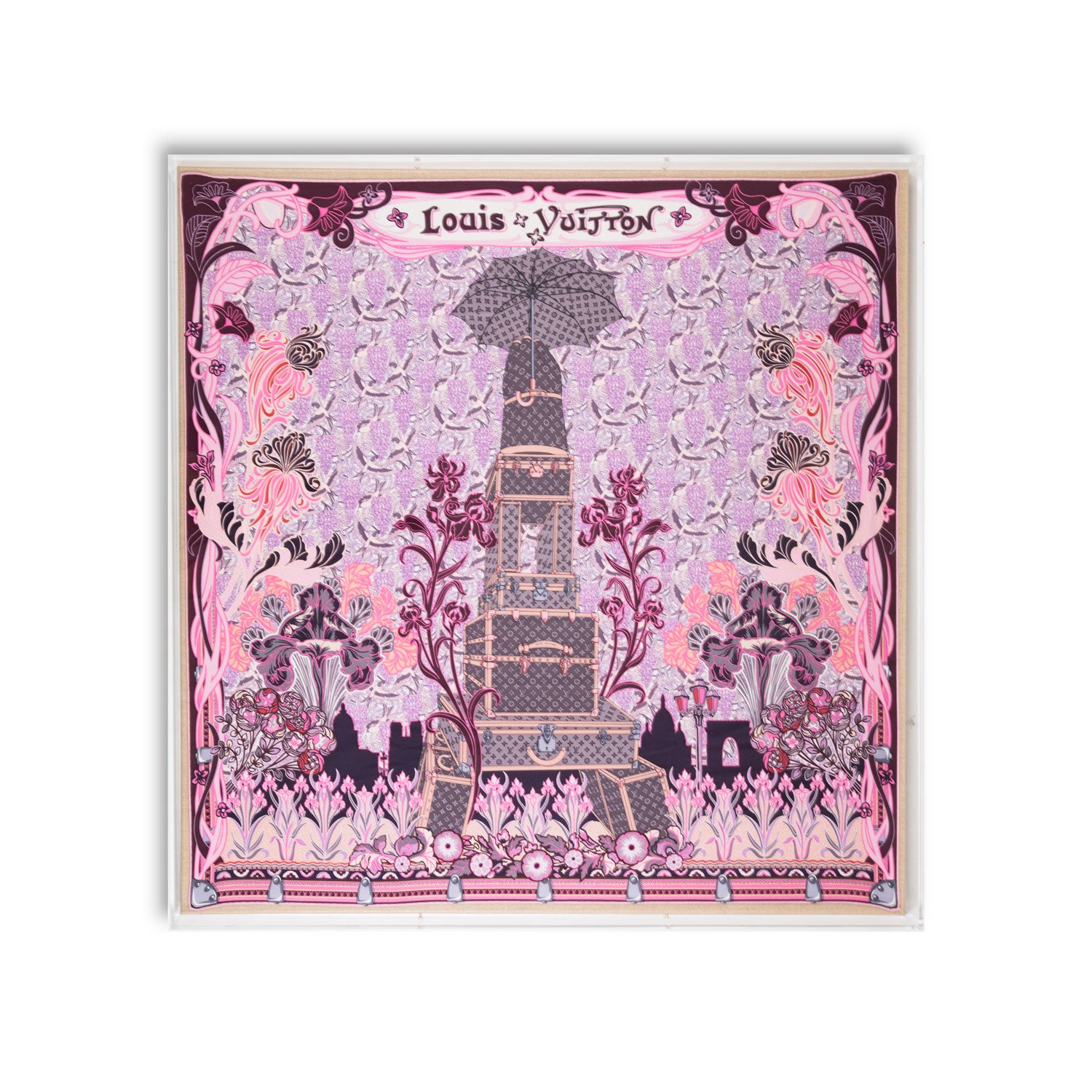 Framed Louis Vuitton A Paris Pink & Purple Scarf in a 36x36x2 Shadowbox