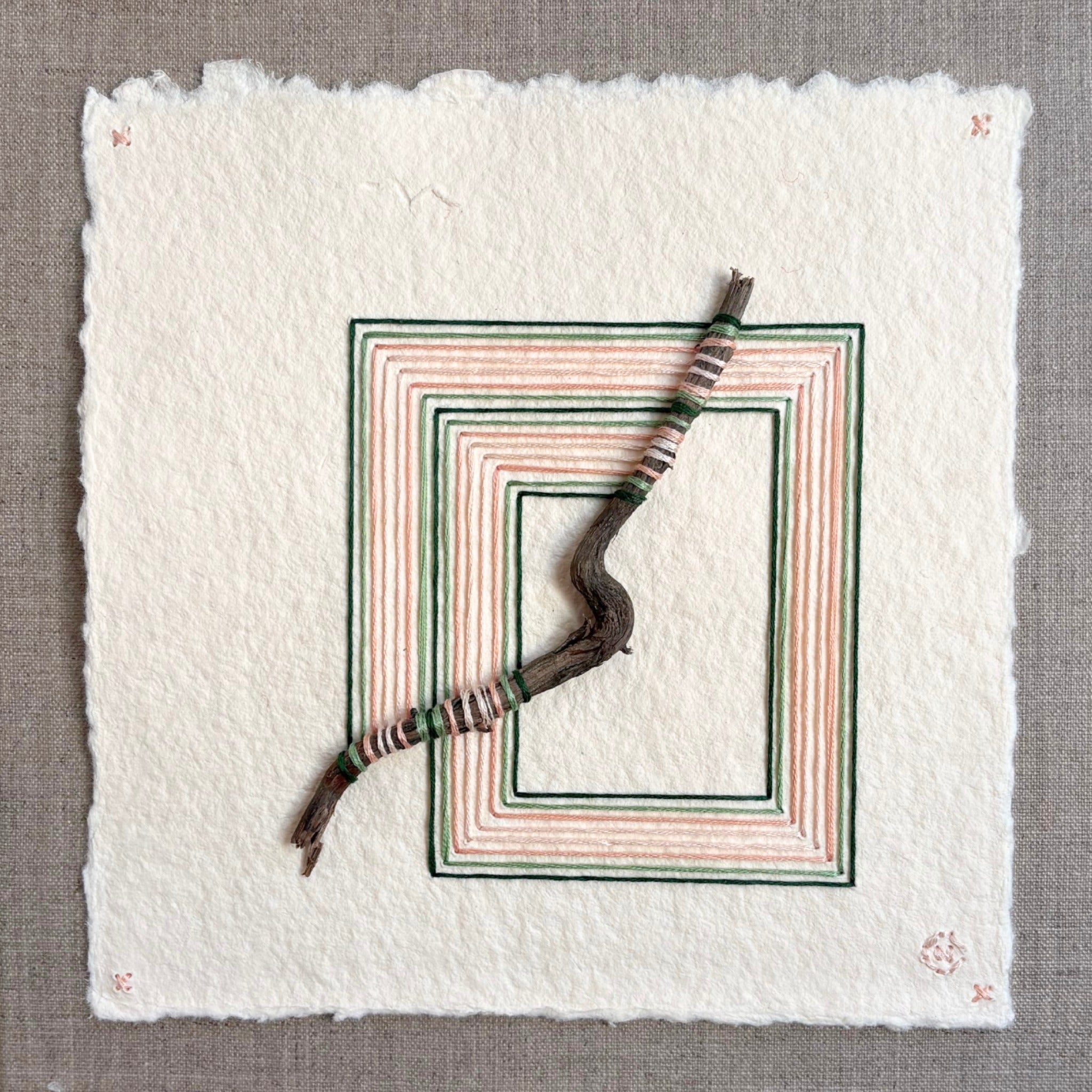 Nesting #353 by Natalie Ciccoricco, wooden stick and thread on handmade paper