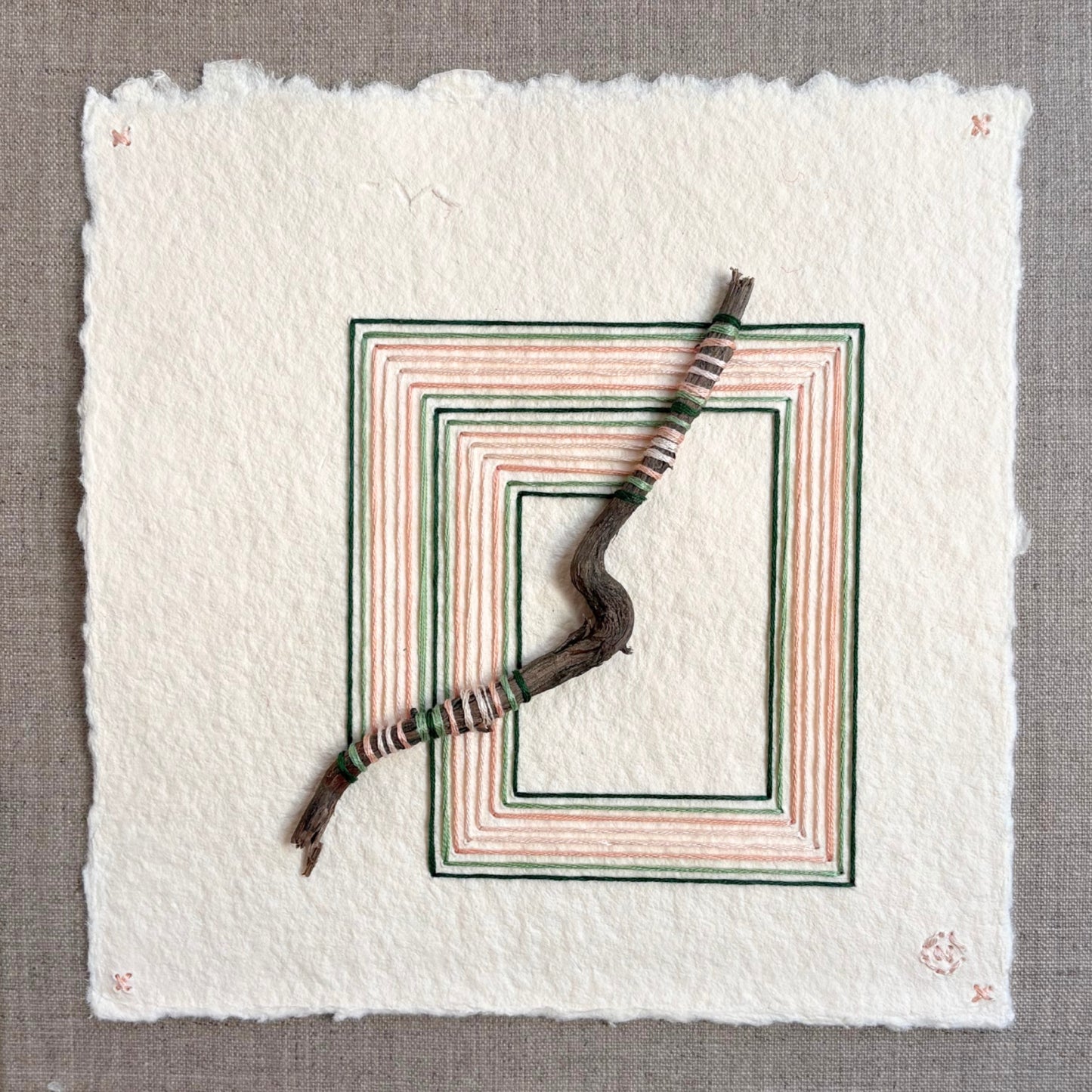 Nesting #353 by Natalie Ciccoricco, wooden stick and thread on handmade paper