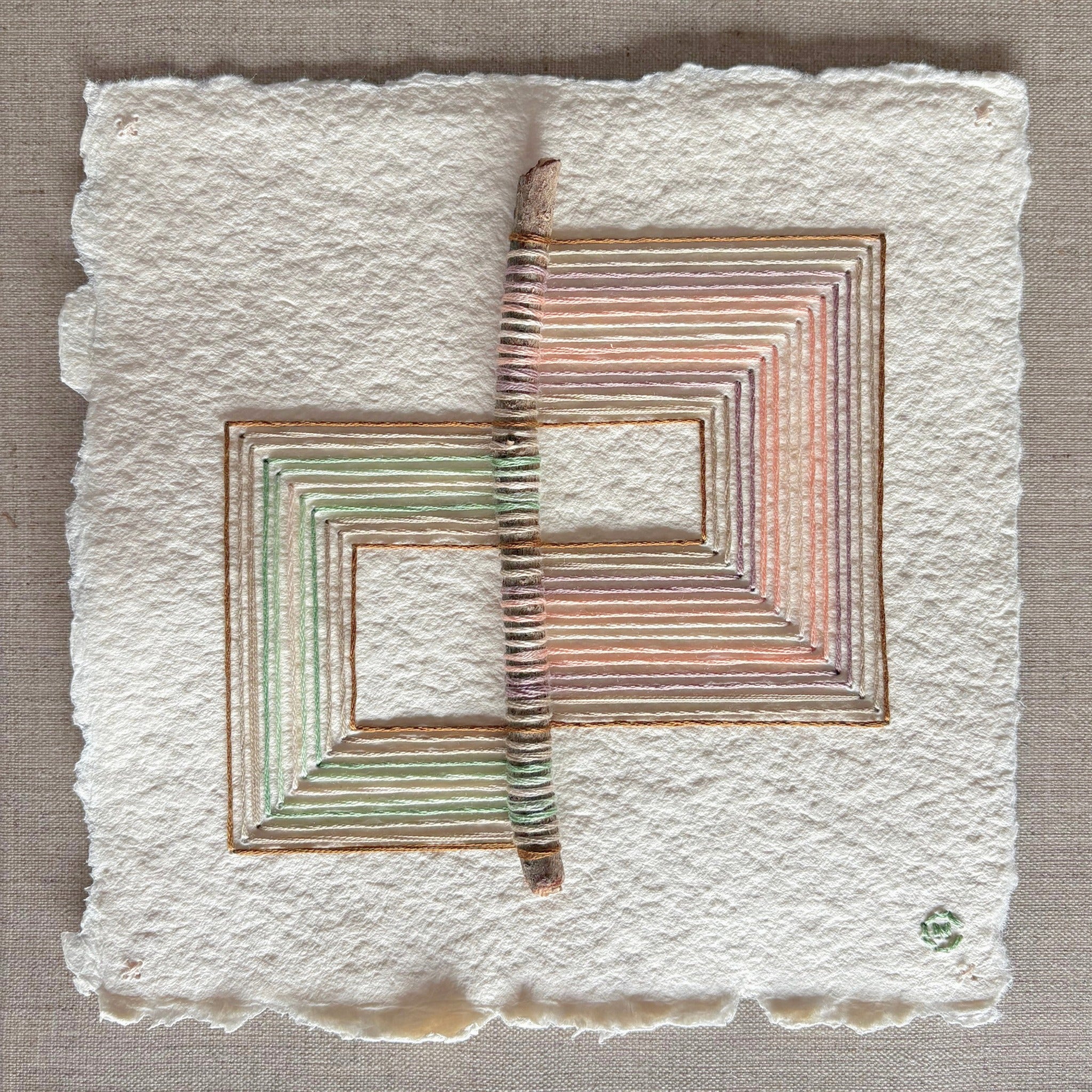 Nesting #354 by Natalie Ciccoricco, wooden stick and thread on handmade paper