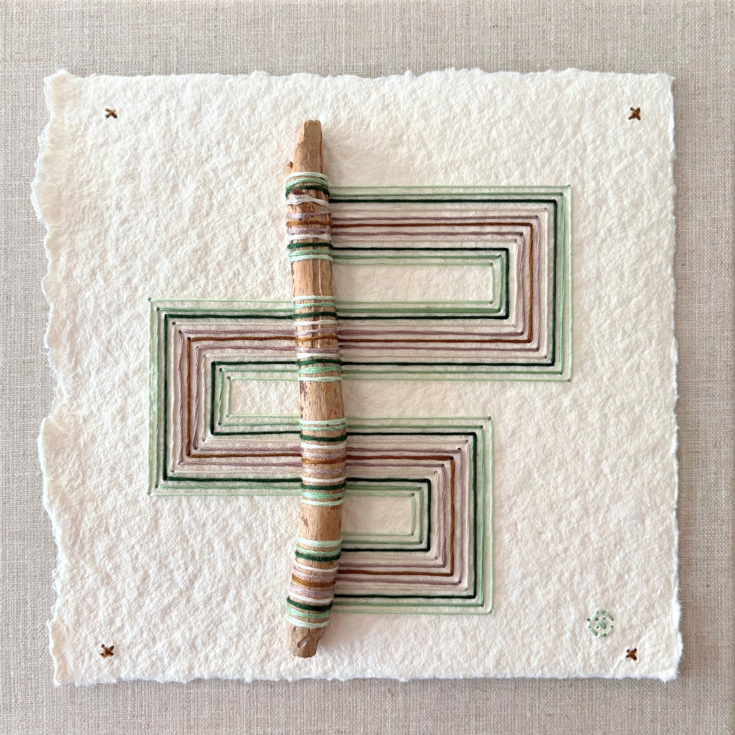 Nesting #368 by Natalie Ciccoricco, wooden stick and thread on handmade paper
