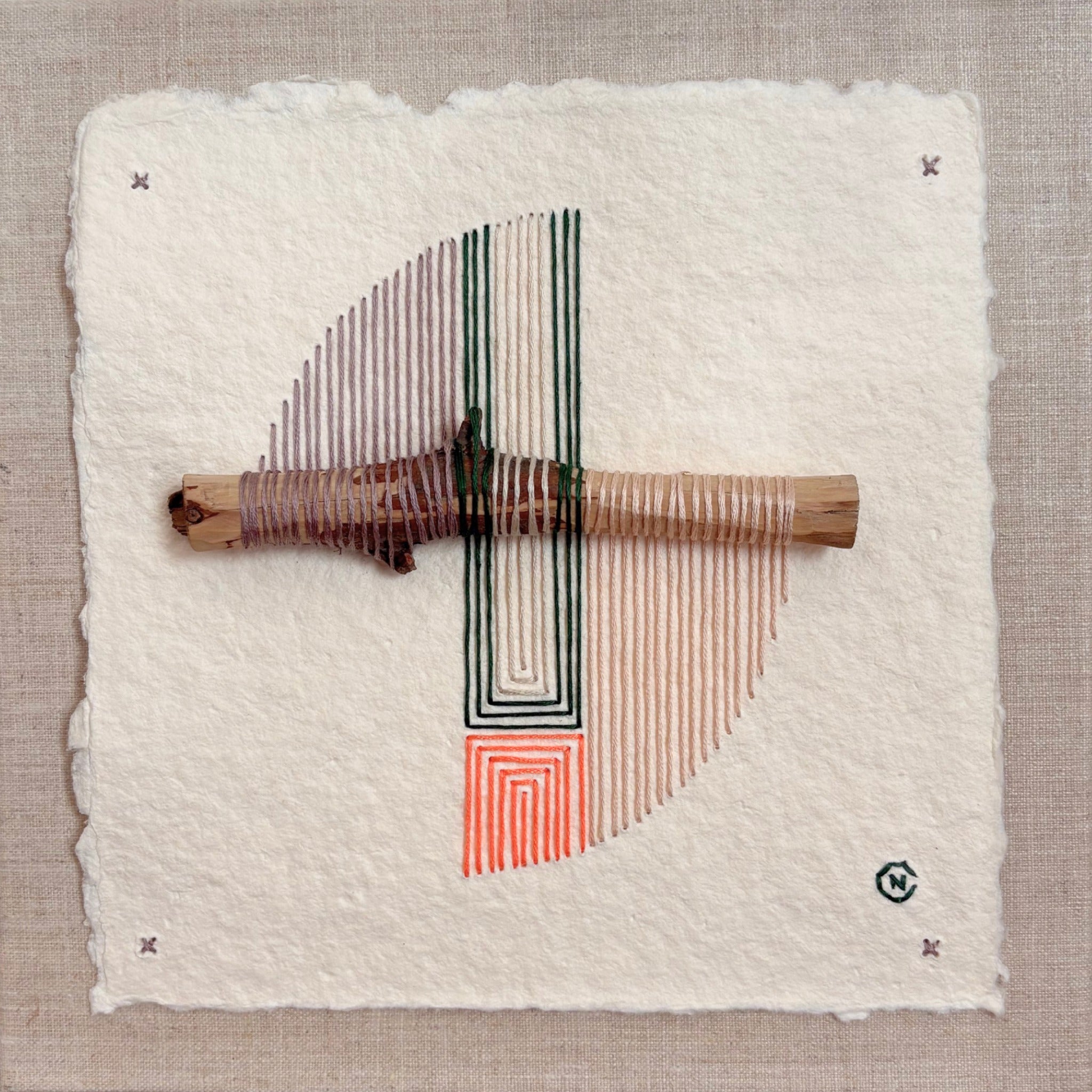 Nesting #371 by Natalie Ciccoricco, wooden stick and thread on handmade paper