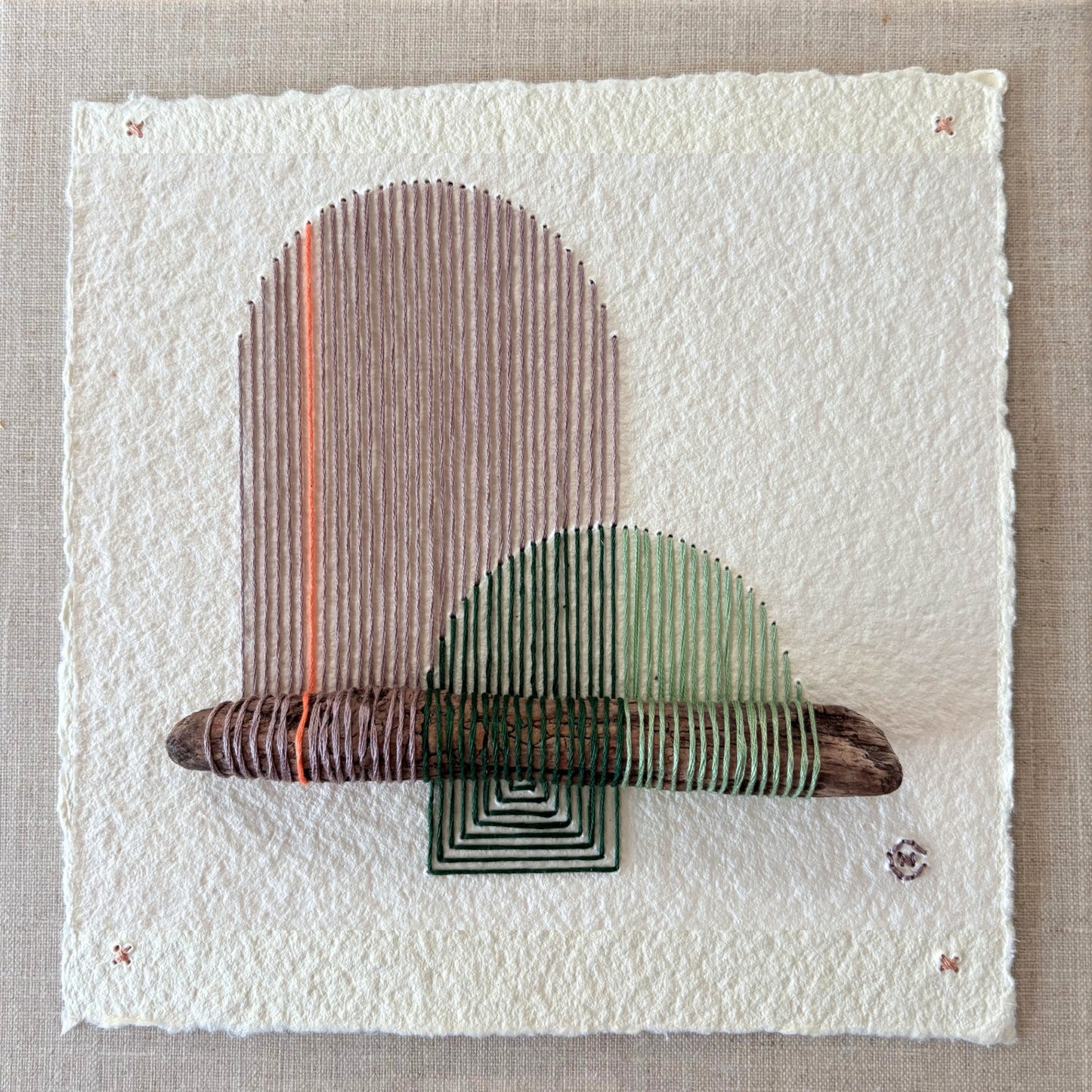 Nesting #372 by Natalie Ciccoricco, wooden stick and thread on handmade paper