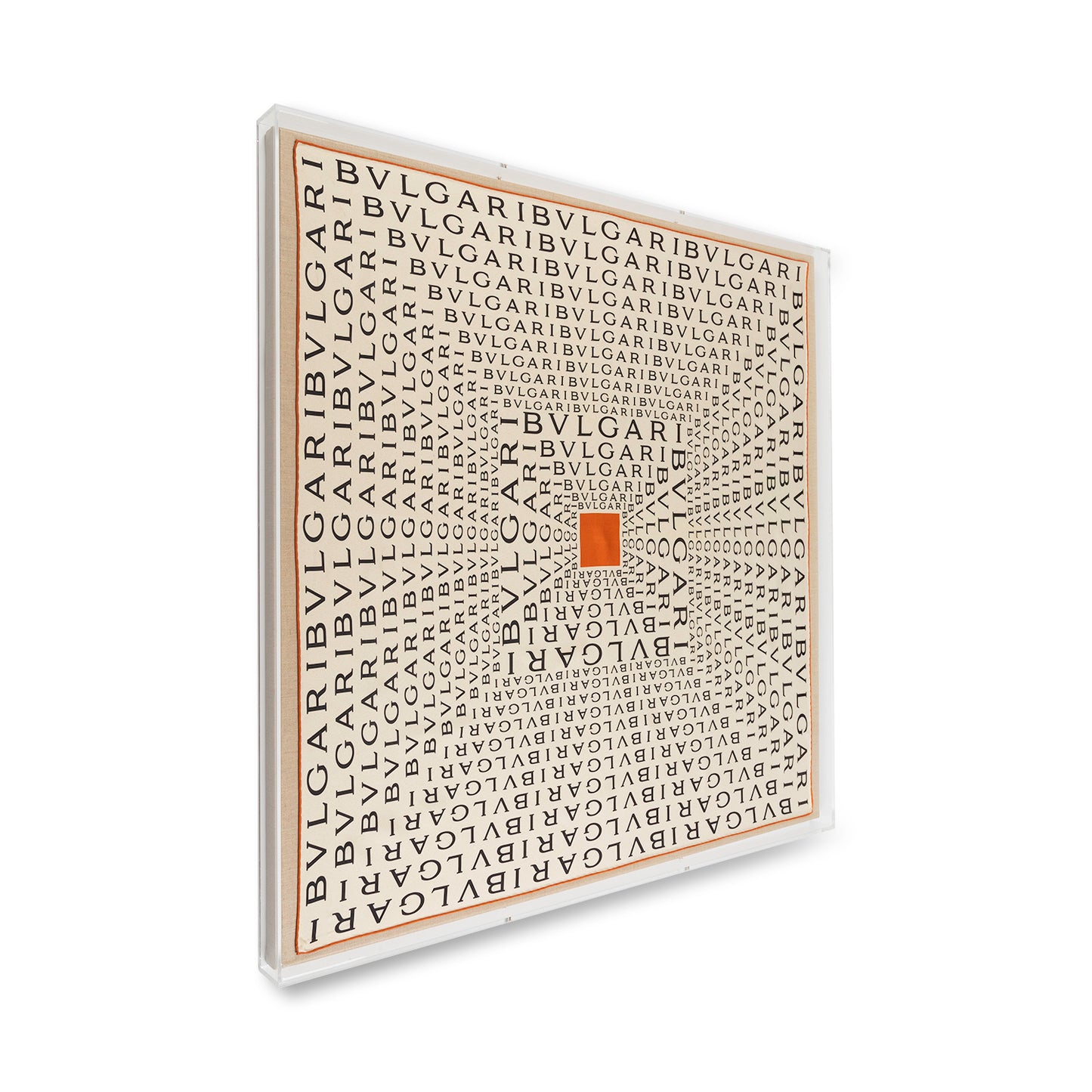 Framed Bulgari Scarf with Orange Silk Scarf in a 36x36x2" Shadowbox