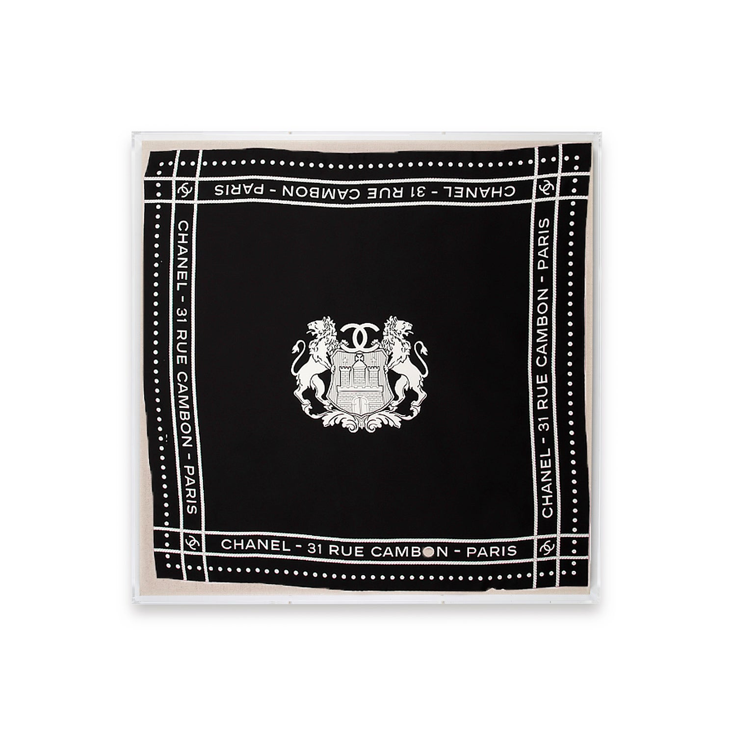 Framed Chanel 31 Rue Cambon Silk Scarf by Karl Lagerfeld in a 36x36x2 Shadowbox
