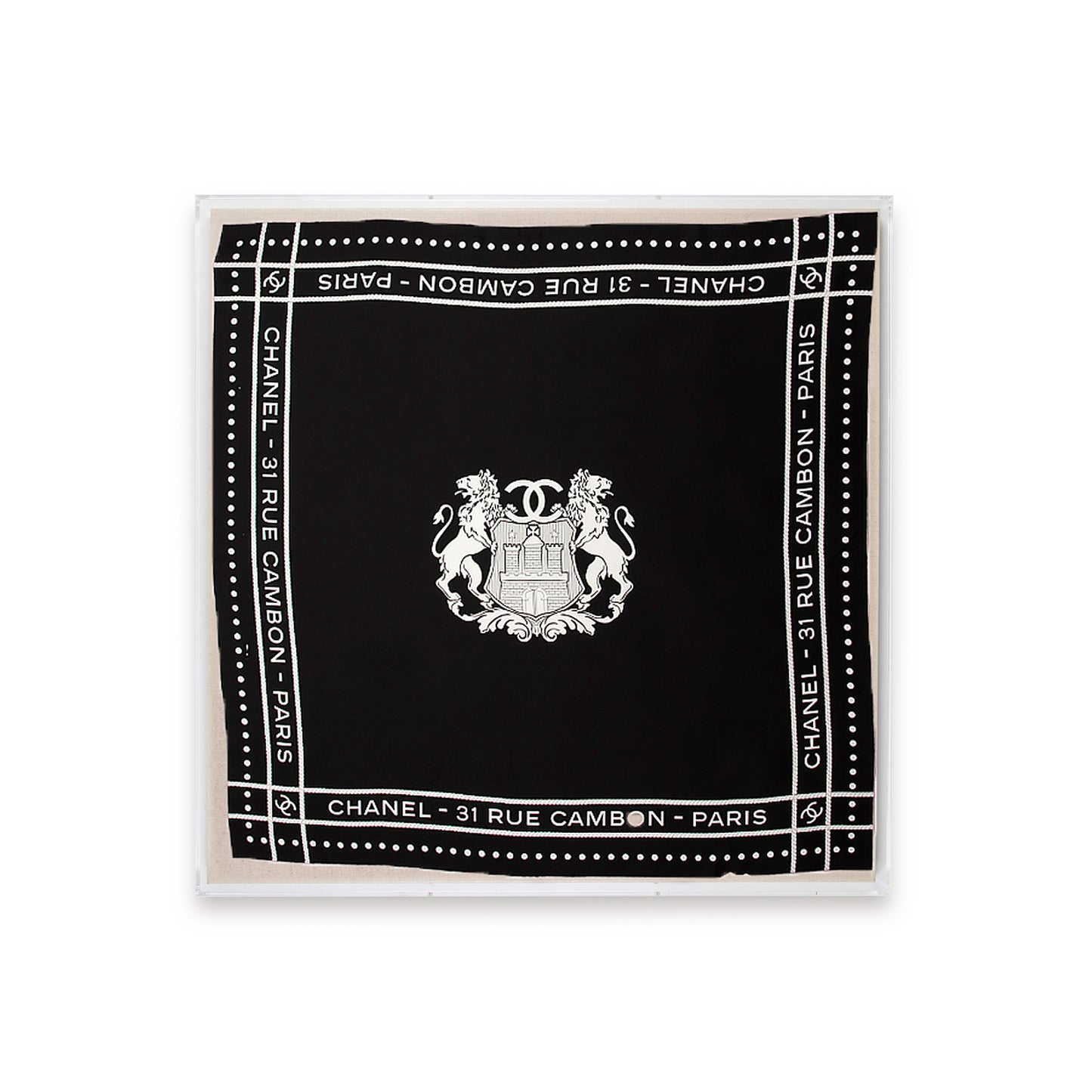 Framed Chanel 31 Rue Cambon Silk Scarf by Karl Lagerfeld in a 36x36x2 Shadowbox