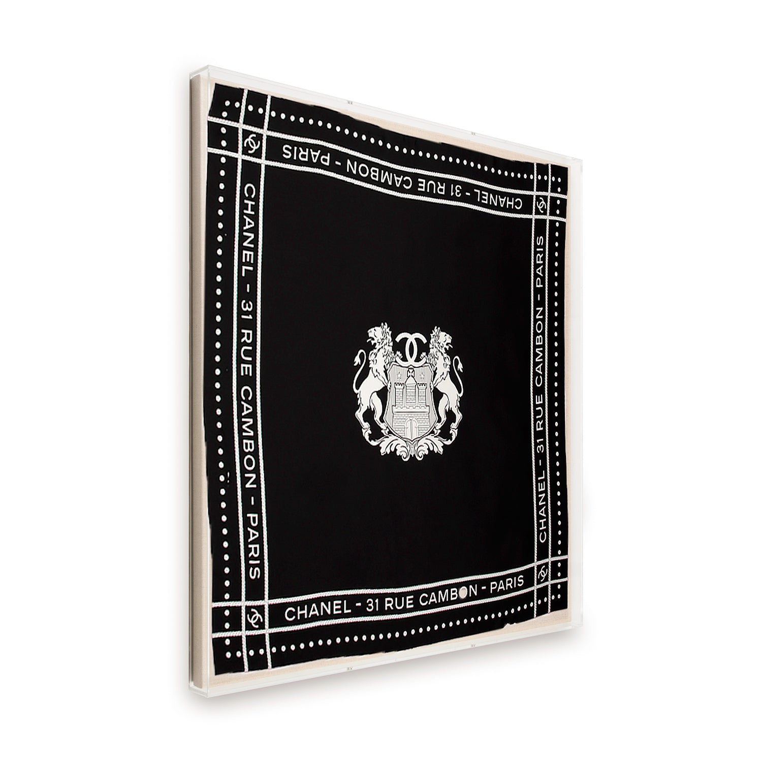 Framed Chanel 31 Rue Cambon Silk Scarf by Karl Lagerfeld in a 36x36x2 Shadowbox