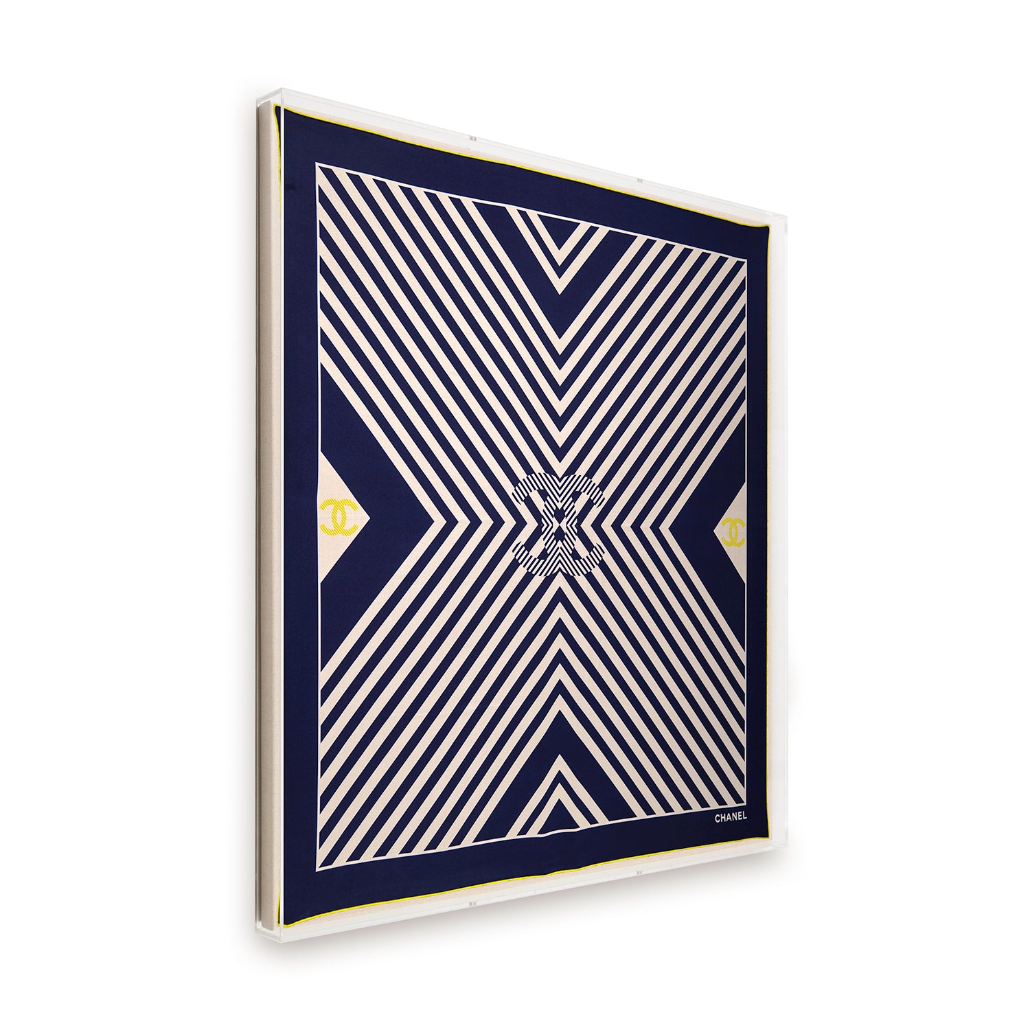 Framed Coco Chanel Interlocking CC Logo Navy & White Scarf in a 36x36x2" Shadowbox