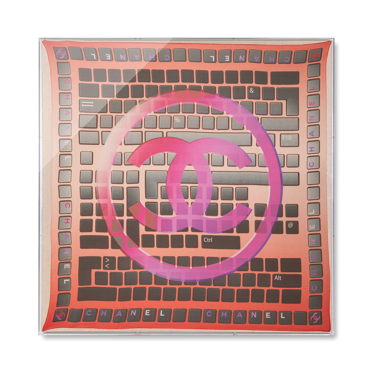 Framed Chanel Interlocking C Logo Keyboard Silk Scarf in 58x58x2" Shadowbox