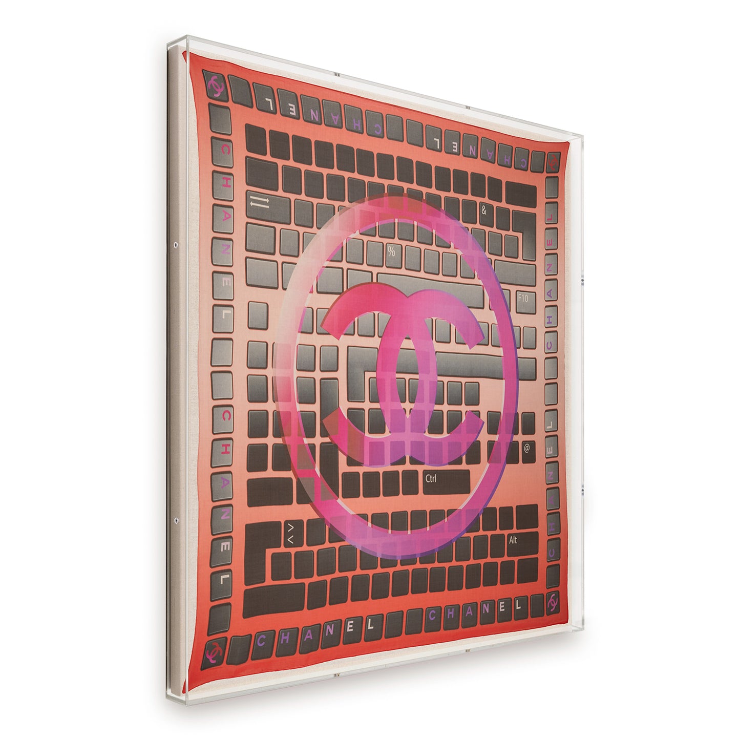 Framed Chanel Interlocking C Logo Keyboard Silk Scarf in 58x58x2" Shadowbox