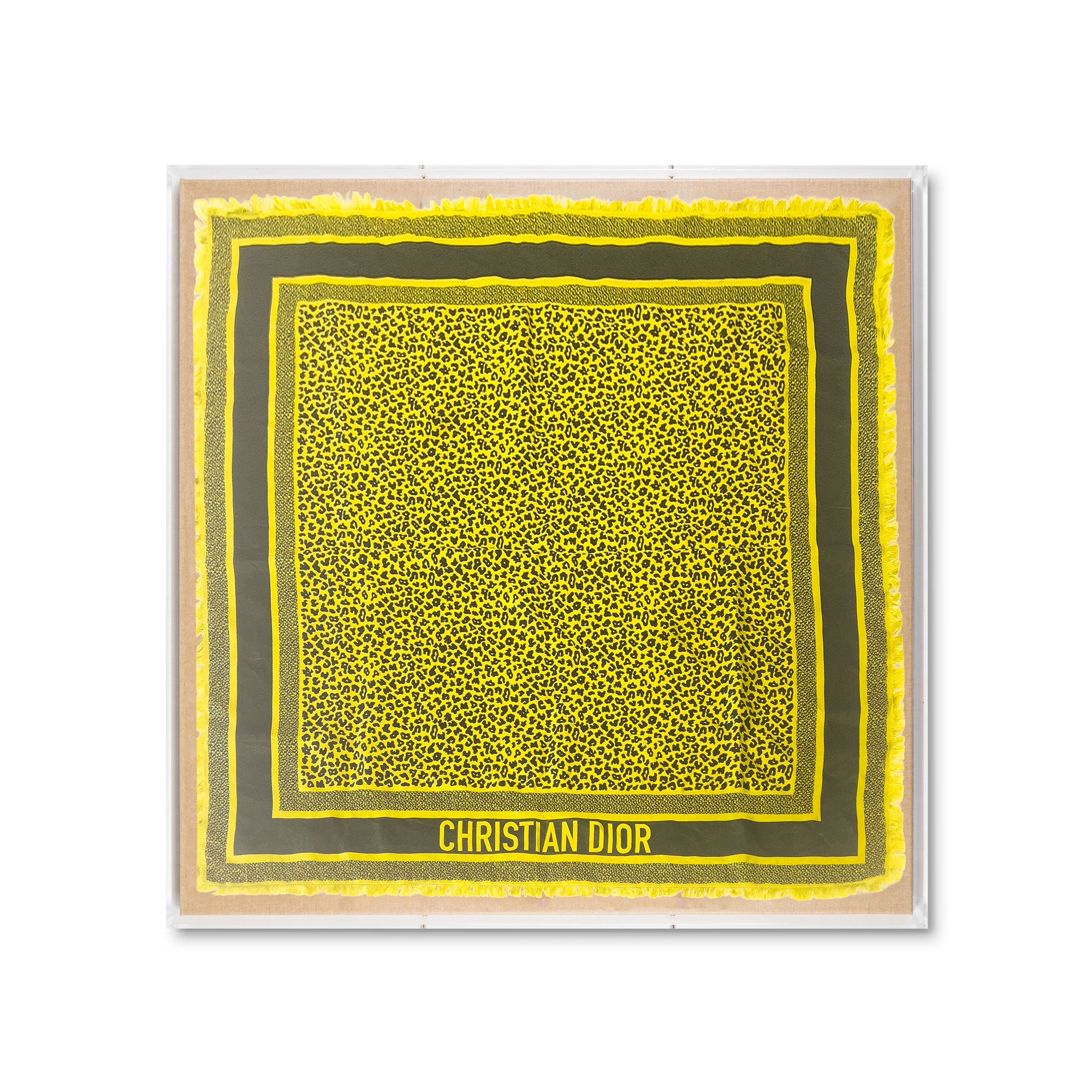 Framed Christian Dior Yellow Leopard Scarf in a 30x30x2