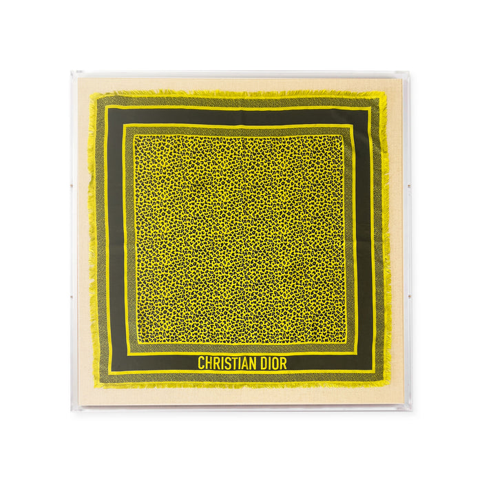 Framed Christian Dior Yellow Leopard Scarf in a 30x30x2 Shadowbox