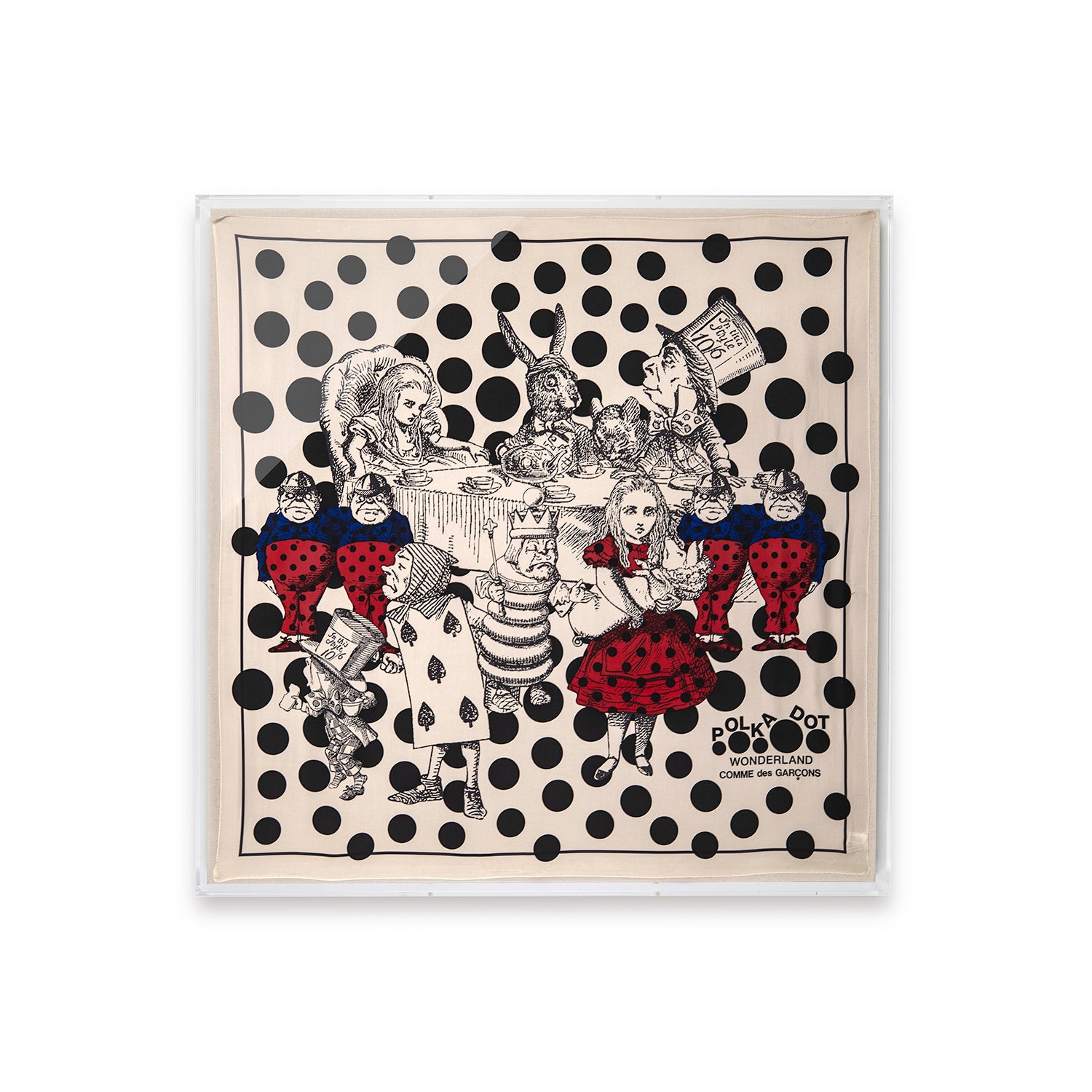 Comme Des Garcons Polkadot Wonderland Silk Scarf framed in a 36x36x2" shadowbox