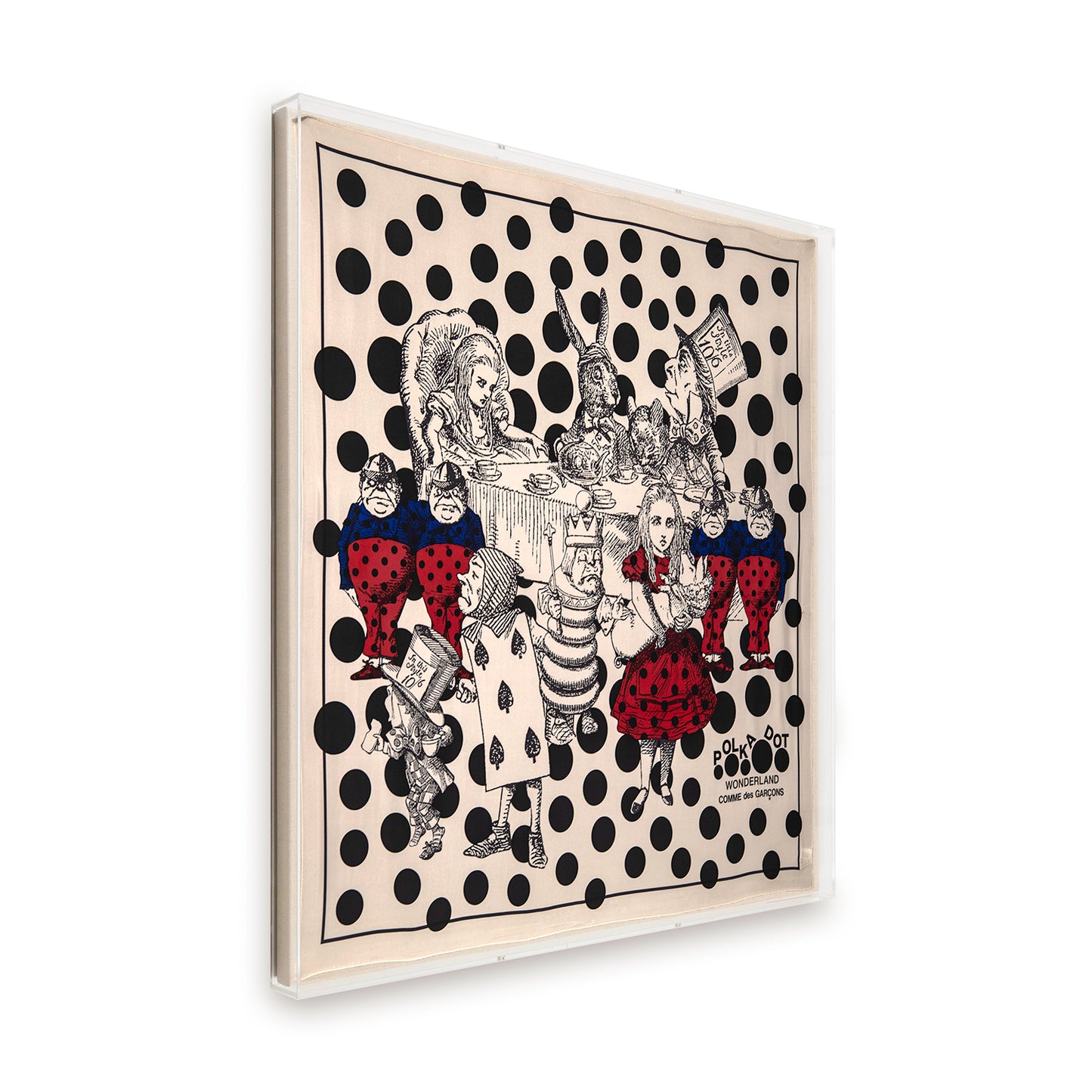 Comme Des Garcons Polkadot Wonderland Silk Scarf framed in a 36x36x2" shadowbox