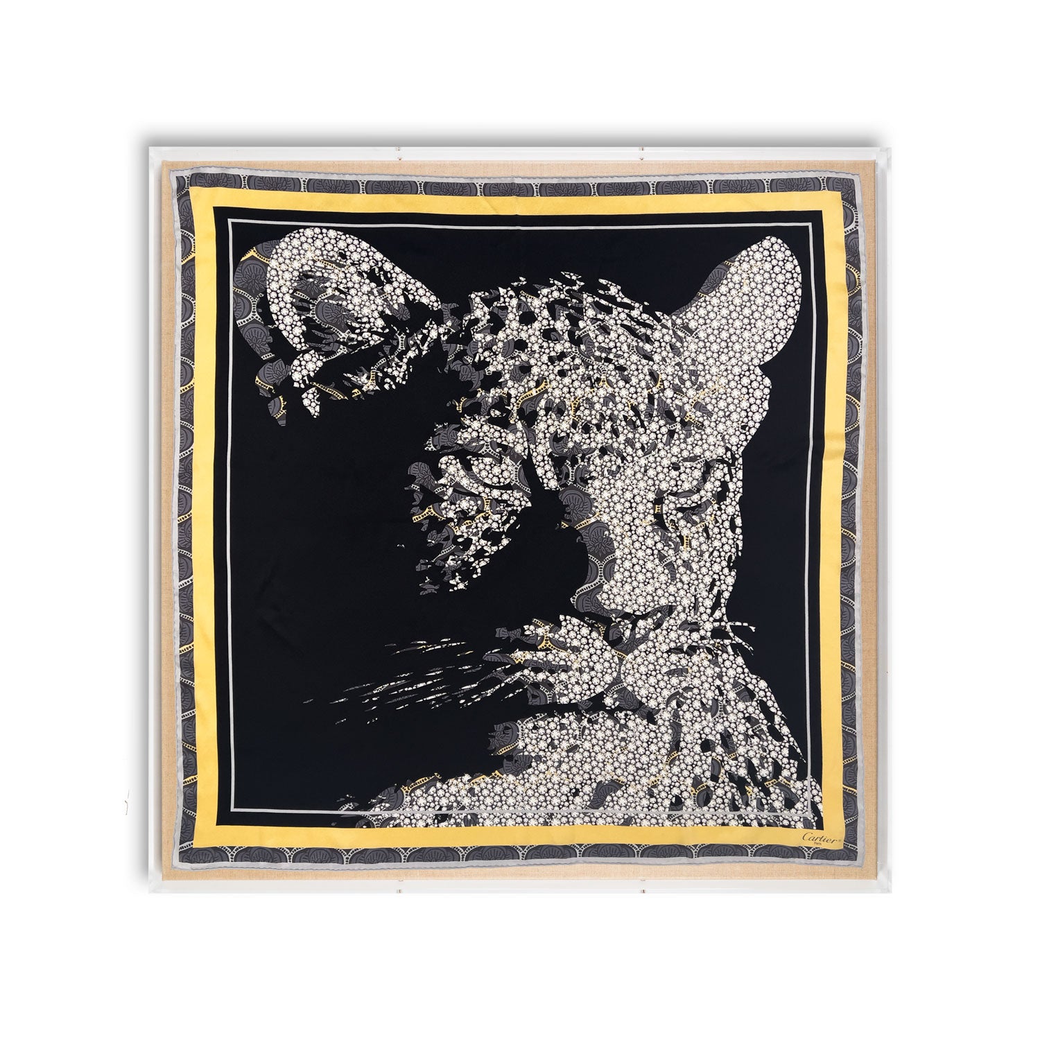 Framed Cartier Black Diamond Leopard Scarf in a 36x36x2 Shadowbox