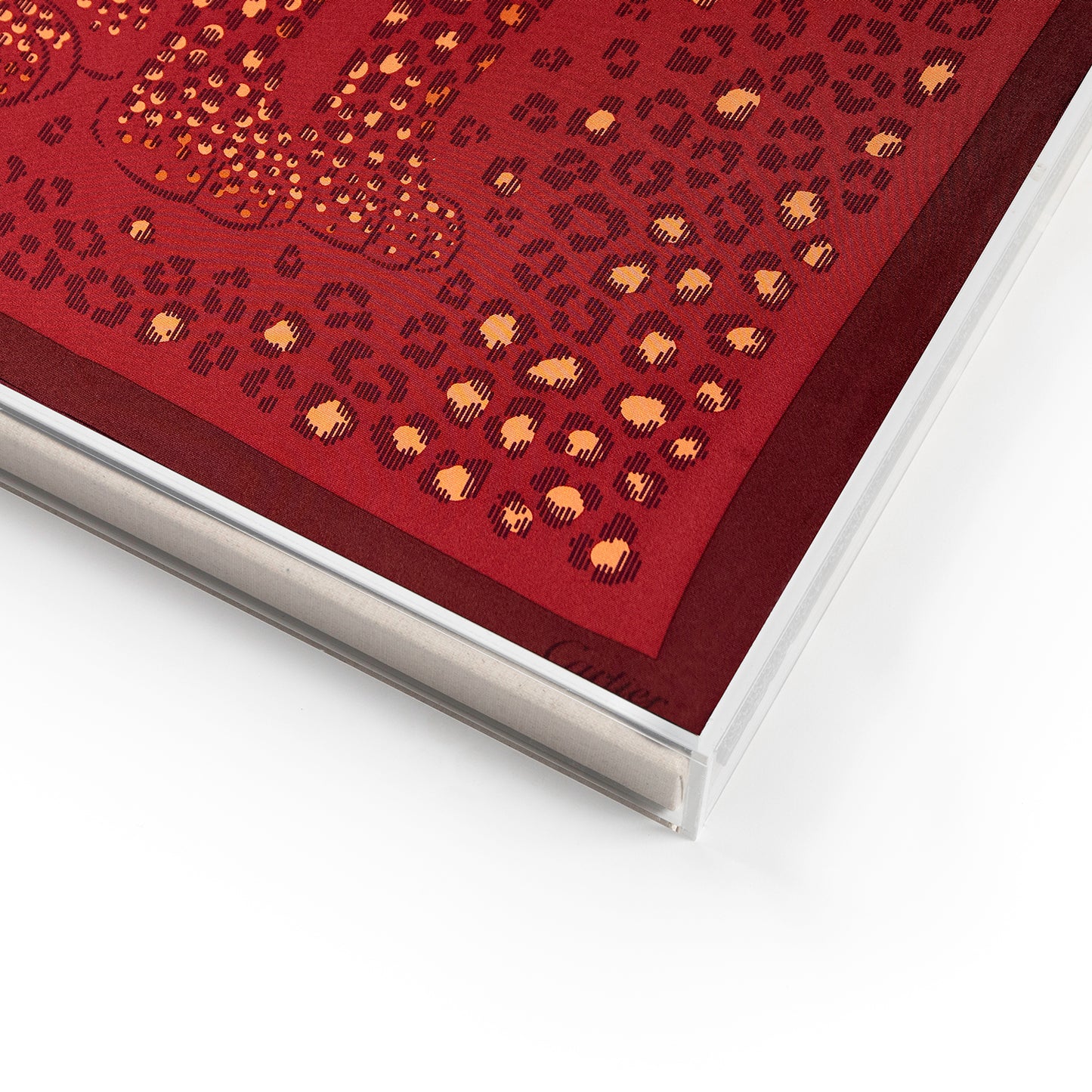 Framed Cartier Burgundy Jaguar Scarf Silk Scarf in a 36x36x2" Shadowbox