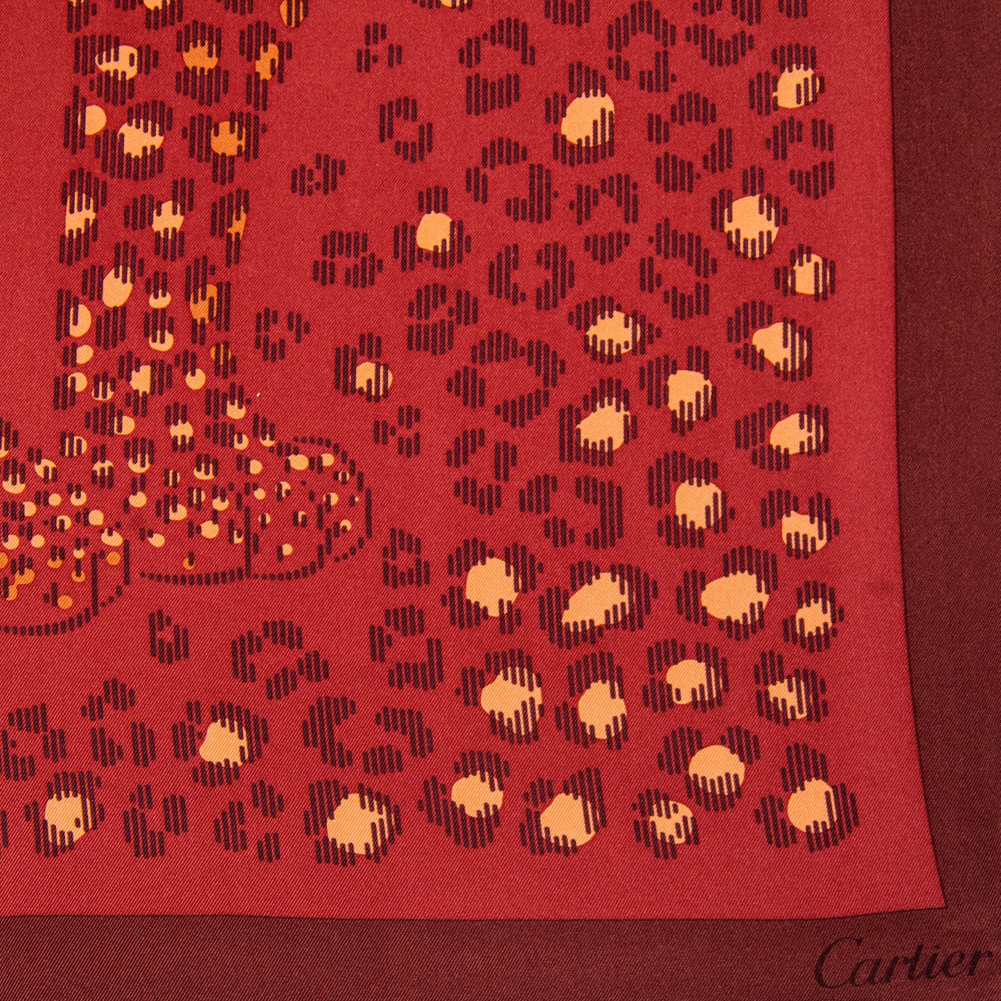 Framed Cartier Burgundy Jaguar Scarf Silk Scarf in a 36x36x2" Shadowbox