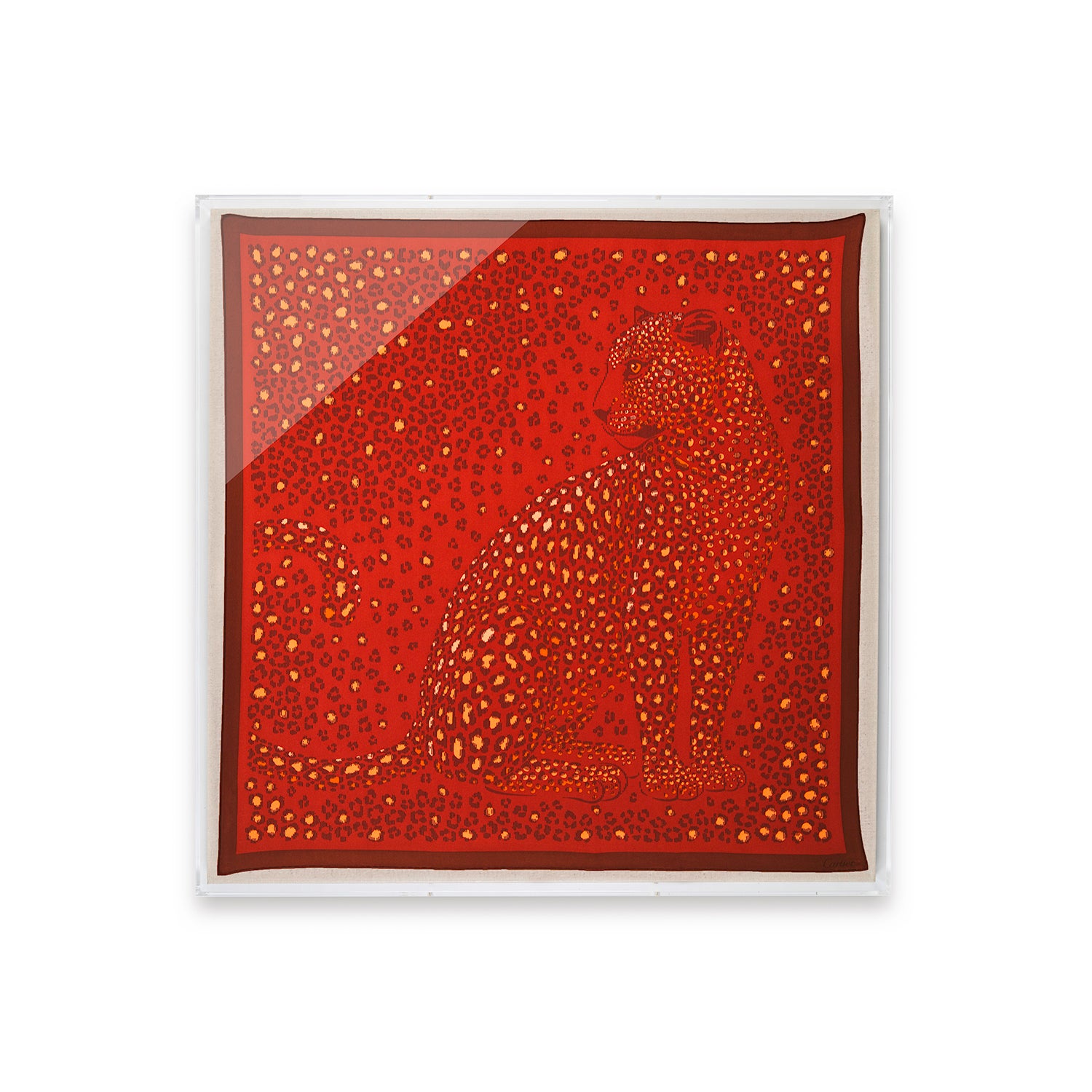 Framed Cartier Burgundy Jaguar Scarf Silk Scarf in a 36x36x2" Shadowbox