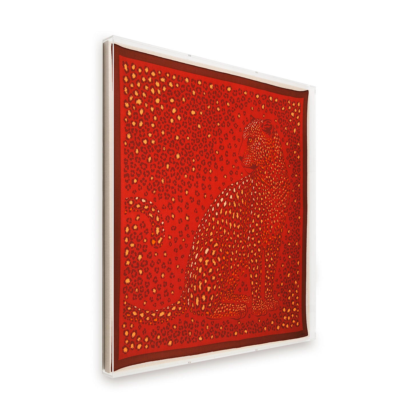 Framed Cartier Burgundy Jaguar Scarf Silk Scarf in a 36x36x2" Shadowbox