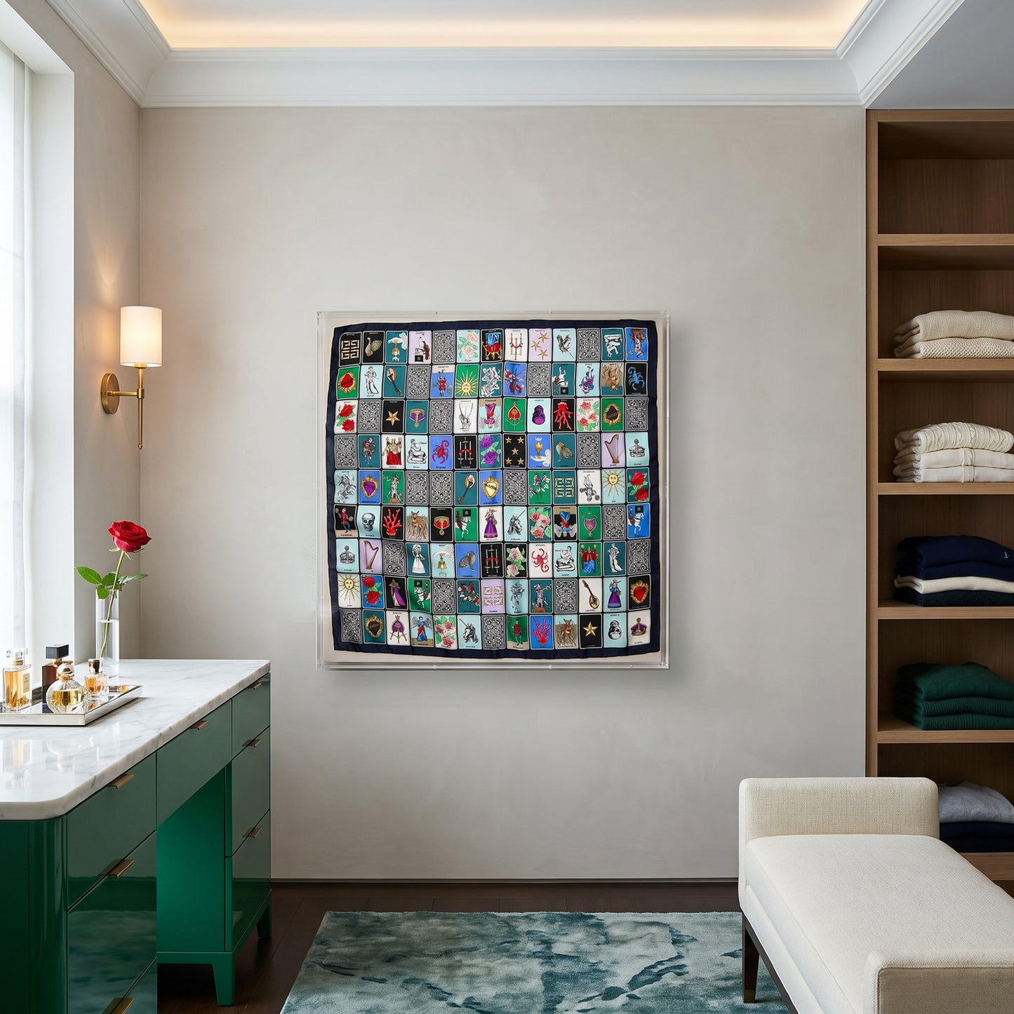 Framed Givenchy Tarot Card Silk Scarf in a 36x36x2" Shadowbox