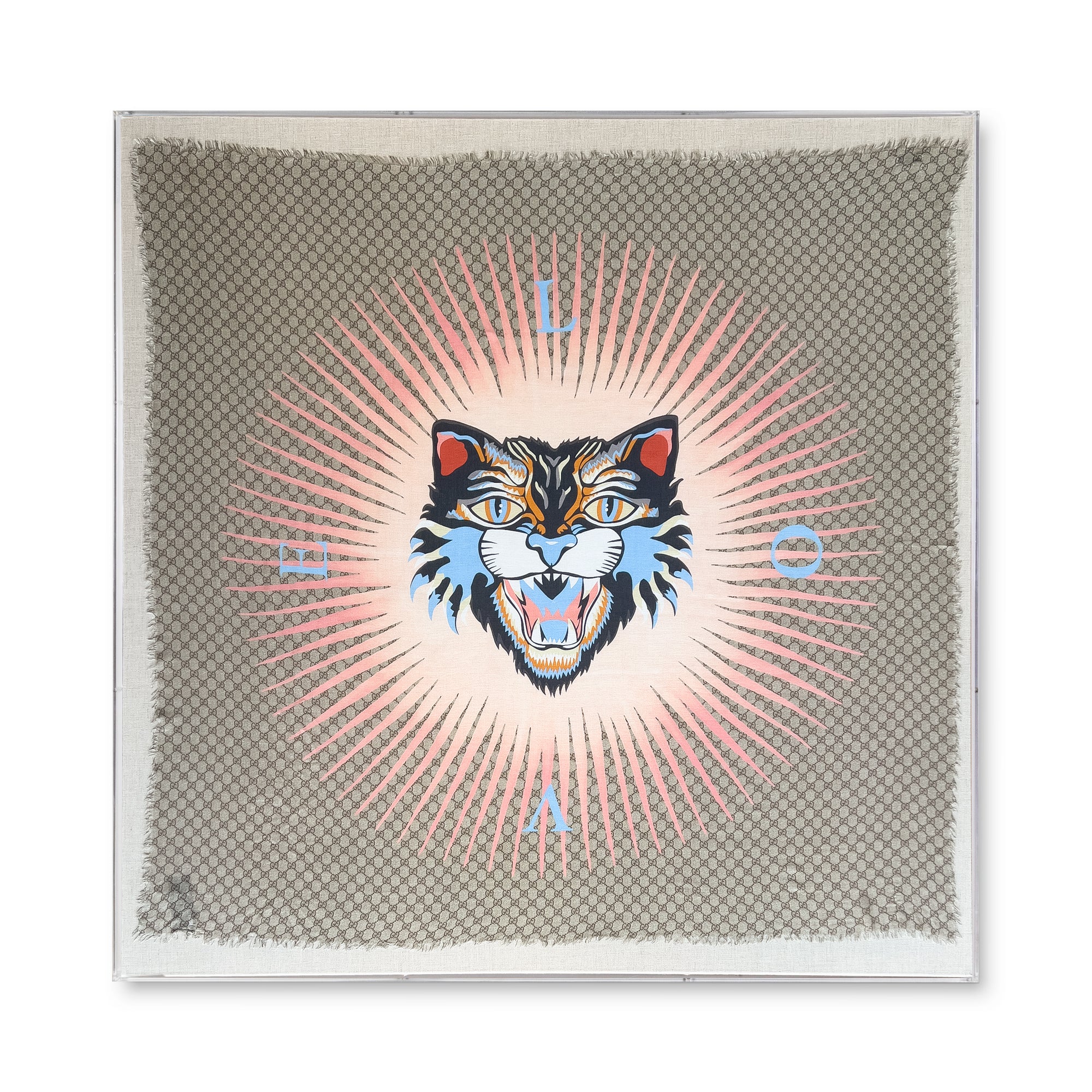 Framed Gucci Angry Cat LOVE XL GG Supreme Silk Scarf 58x58x2 Shadowbox