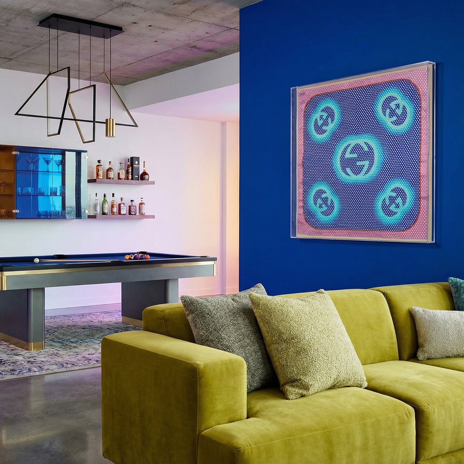 Framed Gucci Pop Logo Teal & Purple Scarf in a 36x36x2 Shadowbox