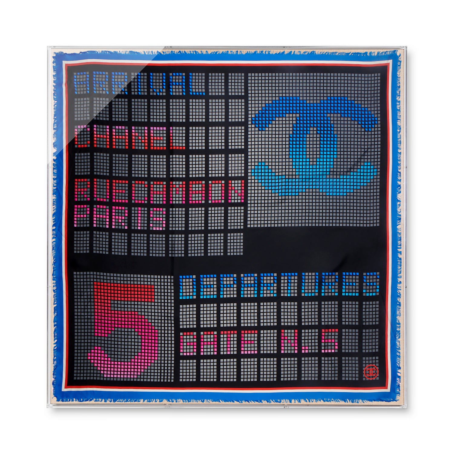 Framed Chanel Multicolor Timetable Silk Scarf by Karl Lagerfeld in a 58x58x2 Shadowbox