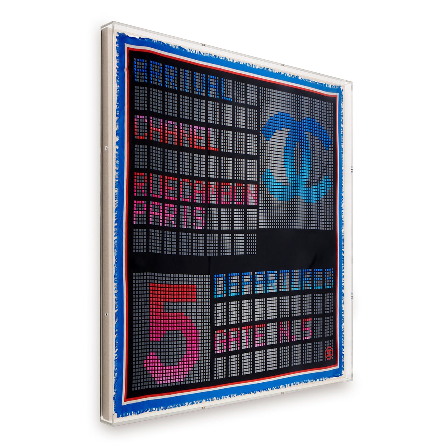 Framed Chanel Multicolor Timetable Silk Scarf by Karl Lagerfeld in a 58x58x2 Shadowbox